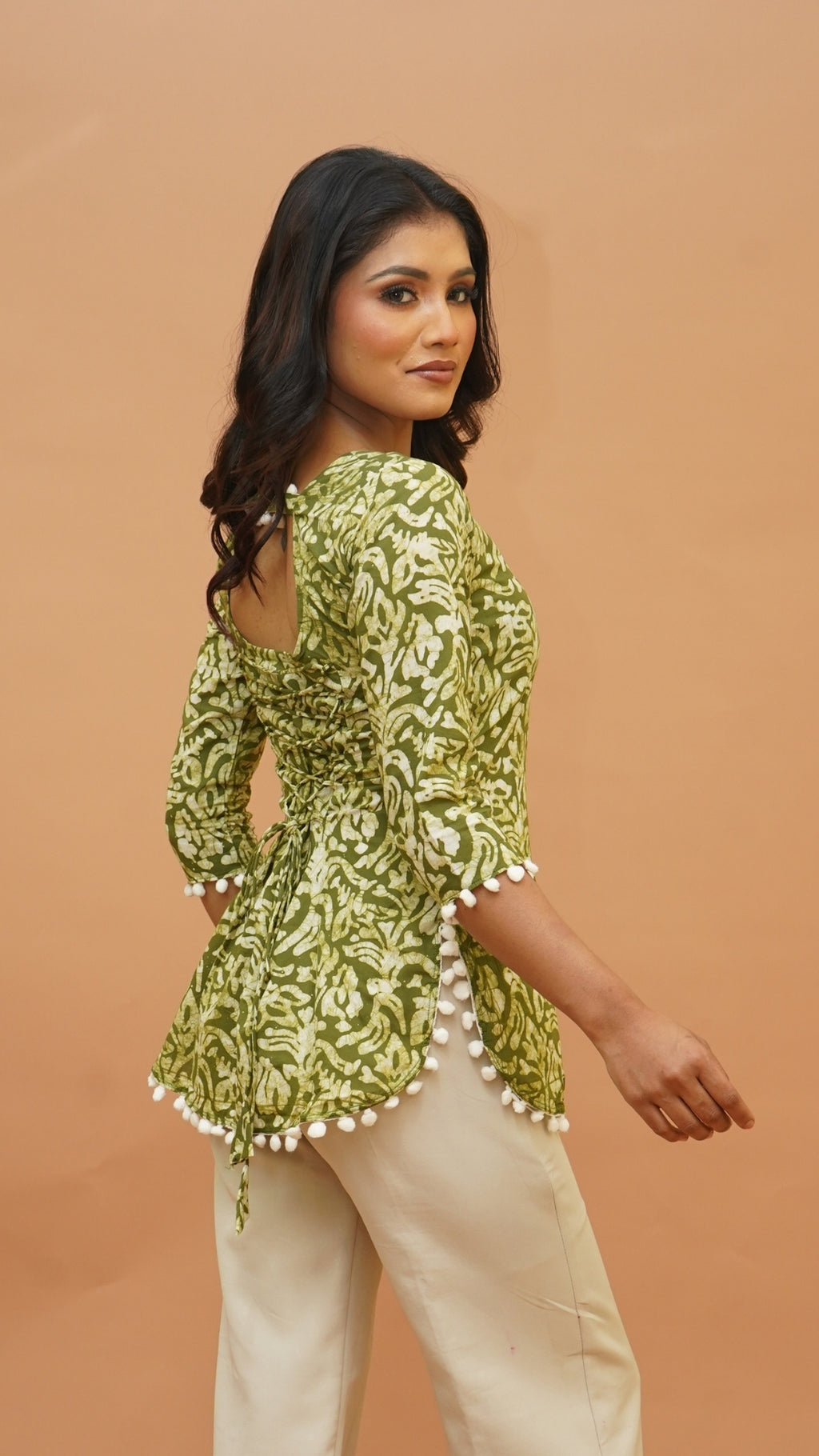 GREEN WHITE BATIK PRINT SHORT KURTI