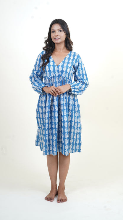 BLUE INDIGO PAISLEY PRINT DRESS