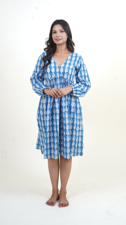 BLUE INDIGO PAISLEY PRINT DRESS