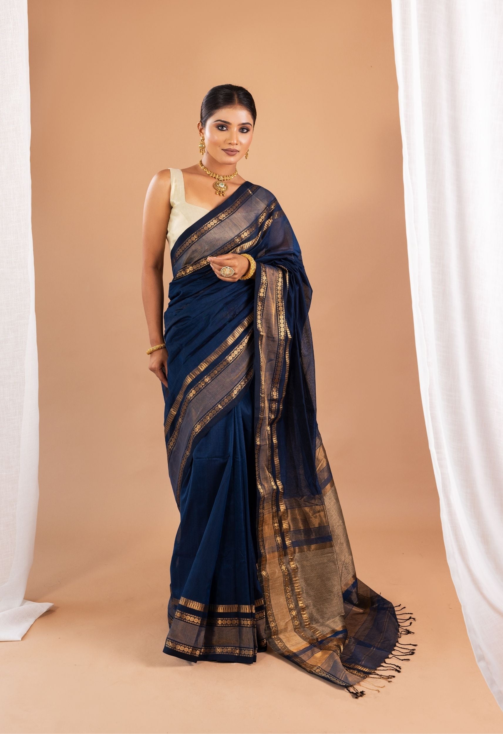 ELECTRIC BLUE ZARI BORDER MAHESHWARI SAREE