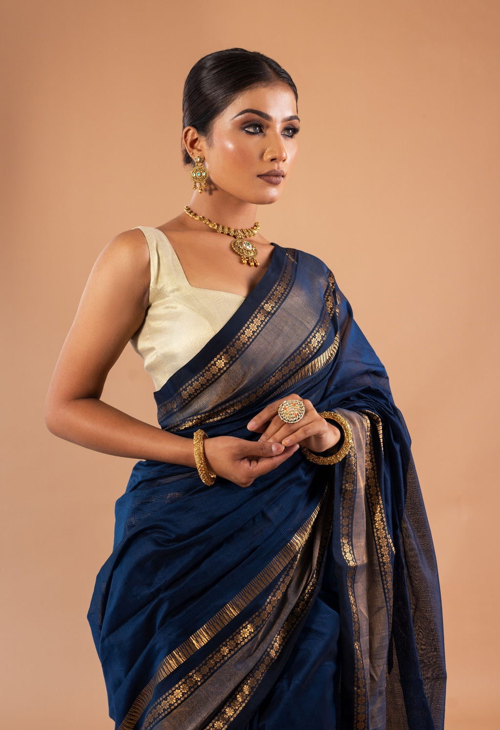 ELECTRIC BLUE ZARI BORDER MAHESHWARI SAREE