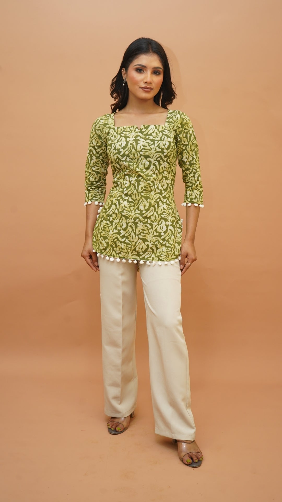 GREEN WHITE BATIK PRINT SHORT KURTI