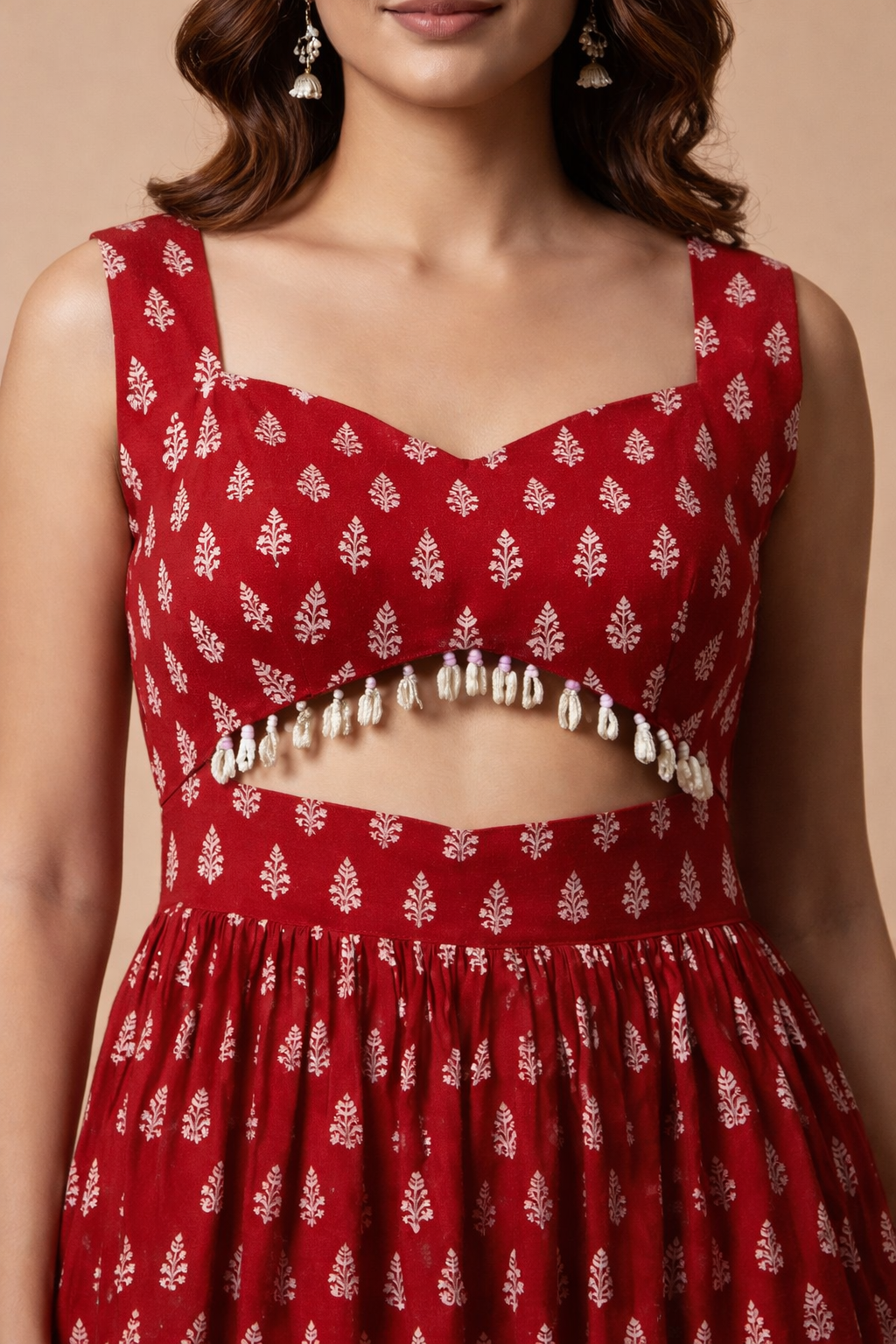 RED WHITE  BAGH PRINT DRESS