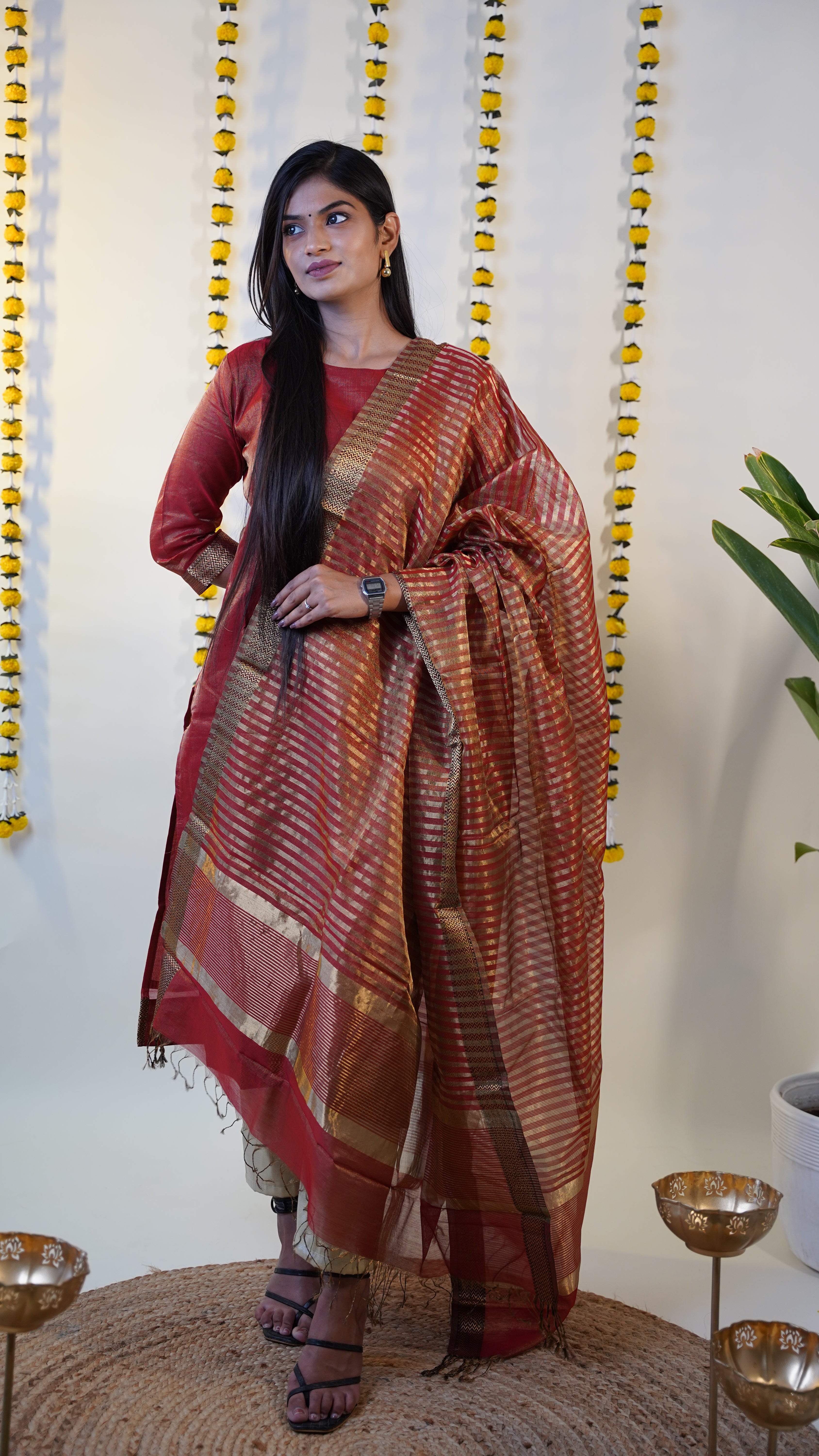 RED TISSUE MAHESHWARI  MAHESHWARI SUIT DUPATTA