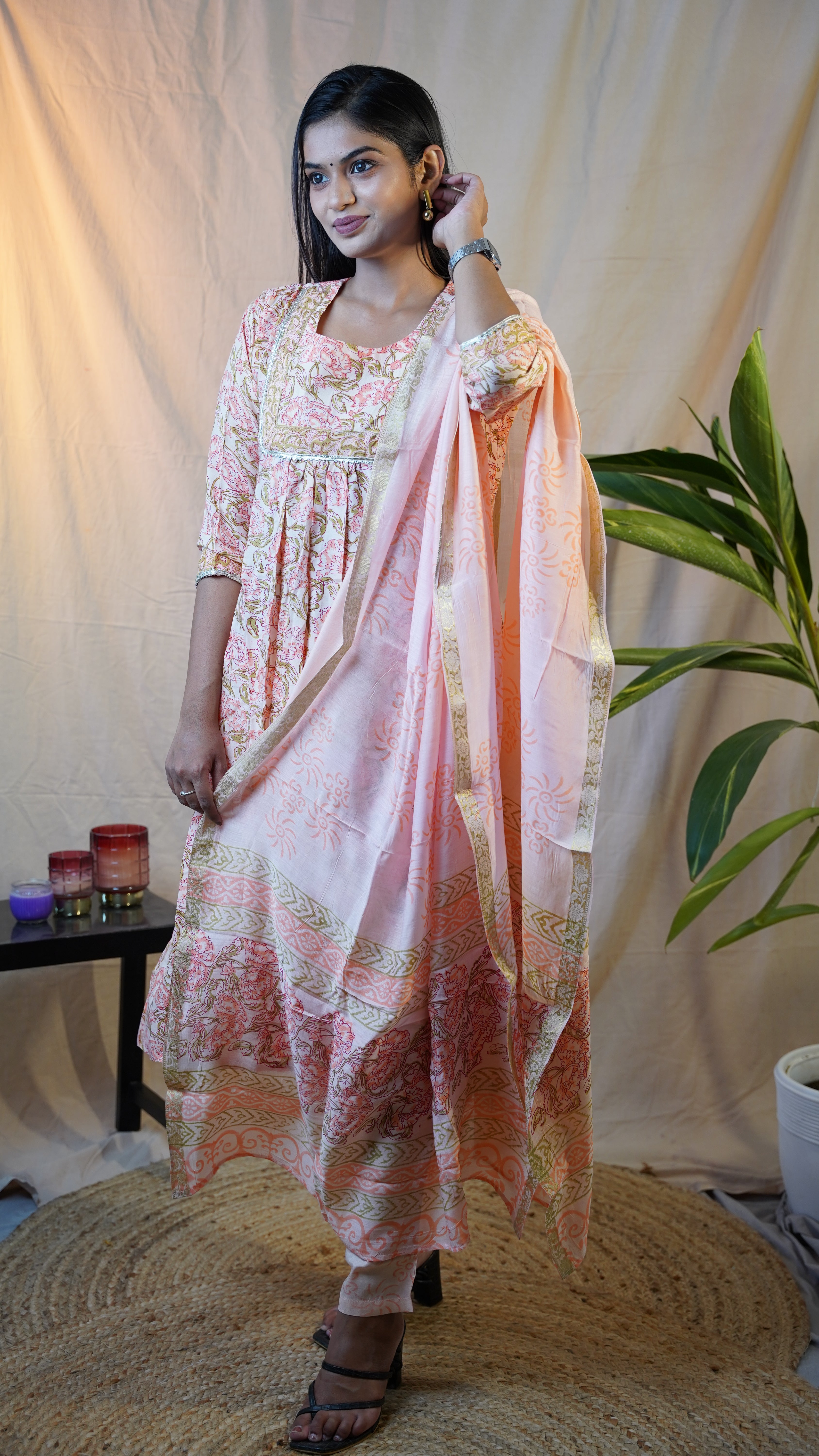 BEIGH BLOCK PRINT SUIT SET