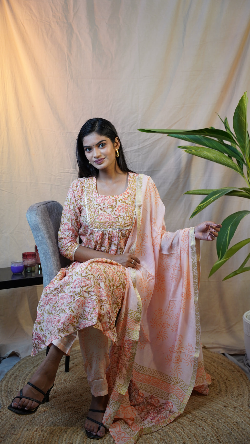 BEIGH BLOCK PRINT SUIT SET