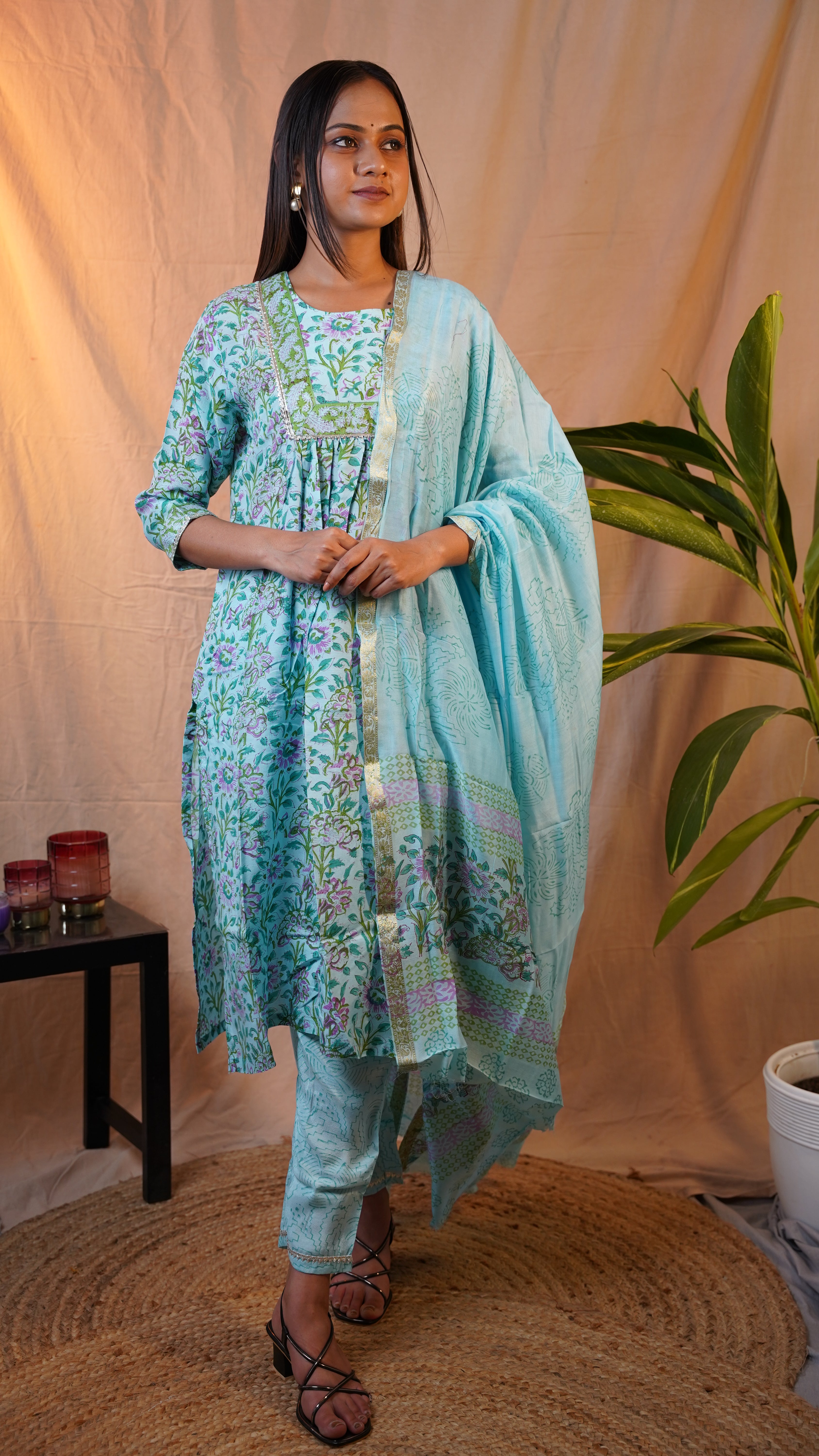 SKY BLUE BLOCK PRINT SUIT SET