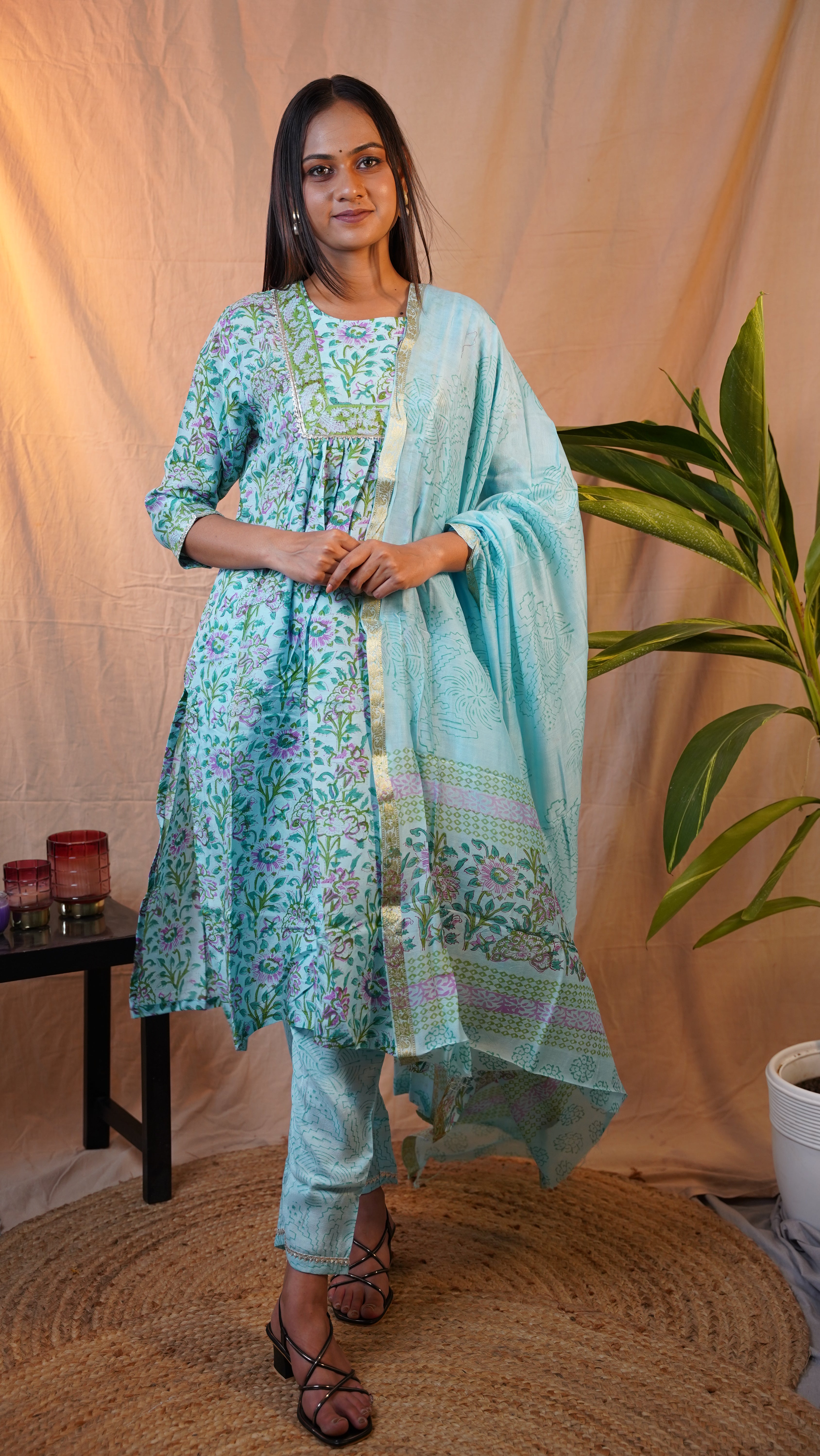 SKY BLUE BLOCK PRINT SUIT SET