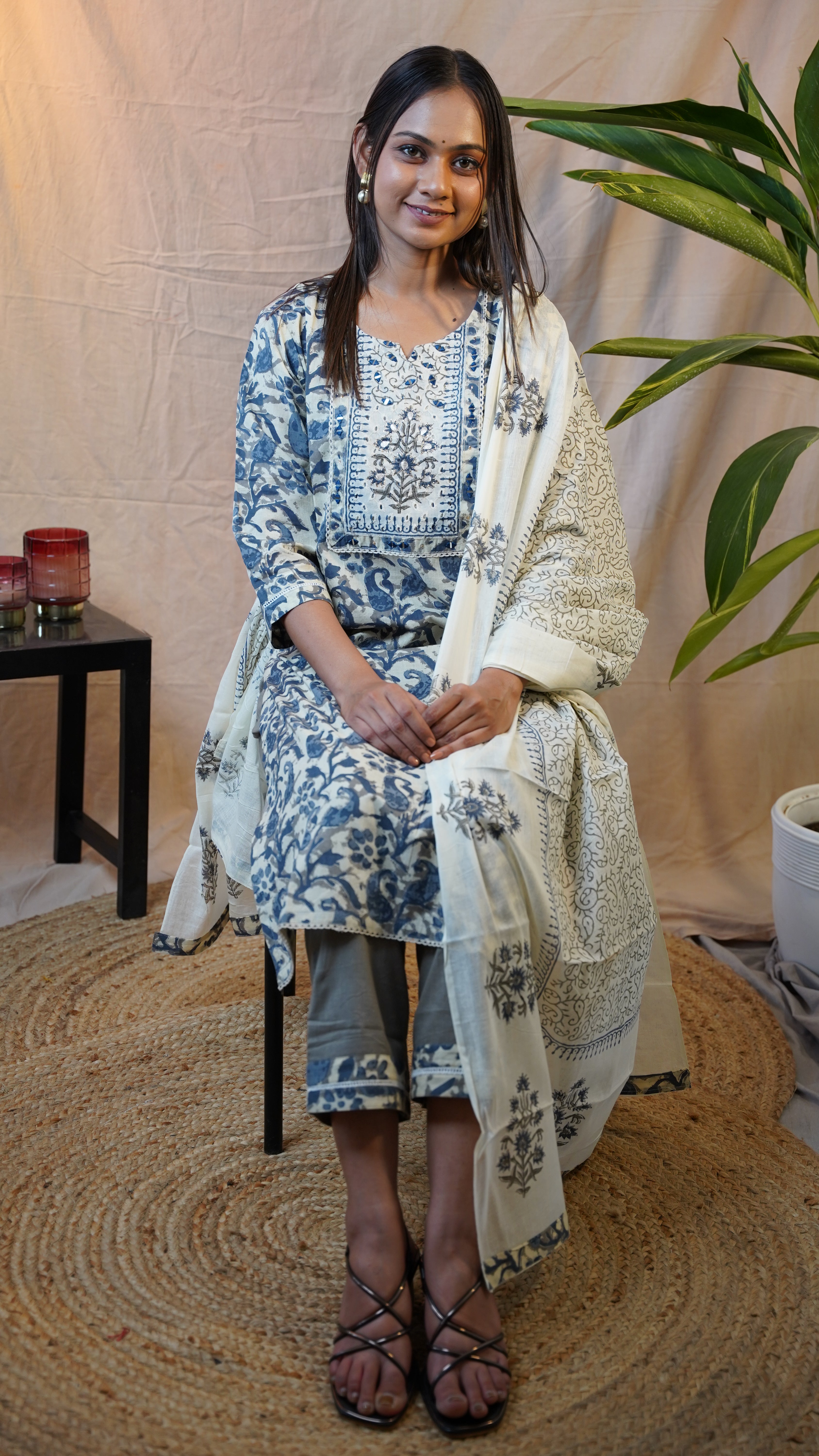 GREY KALAMKARI BLOCK PRINT SUIT SET