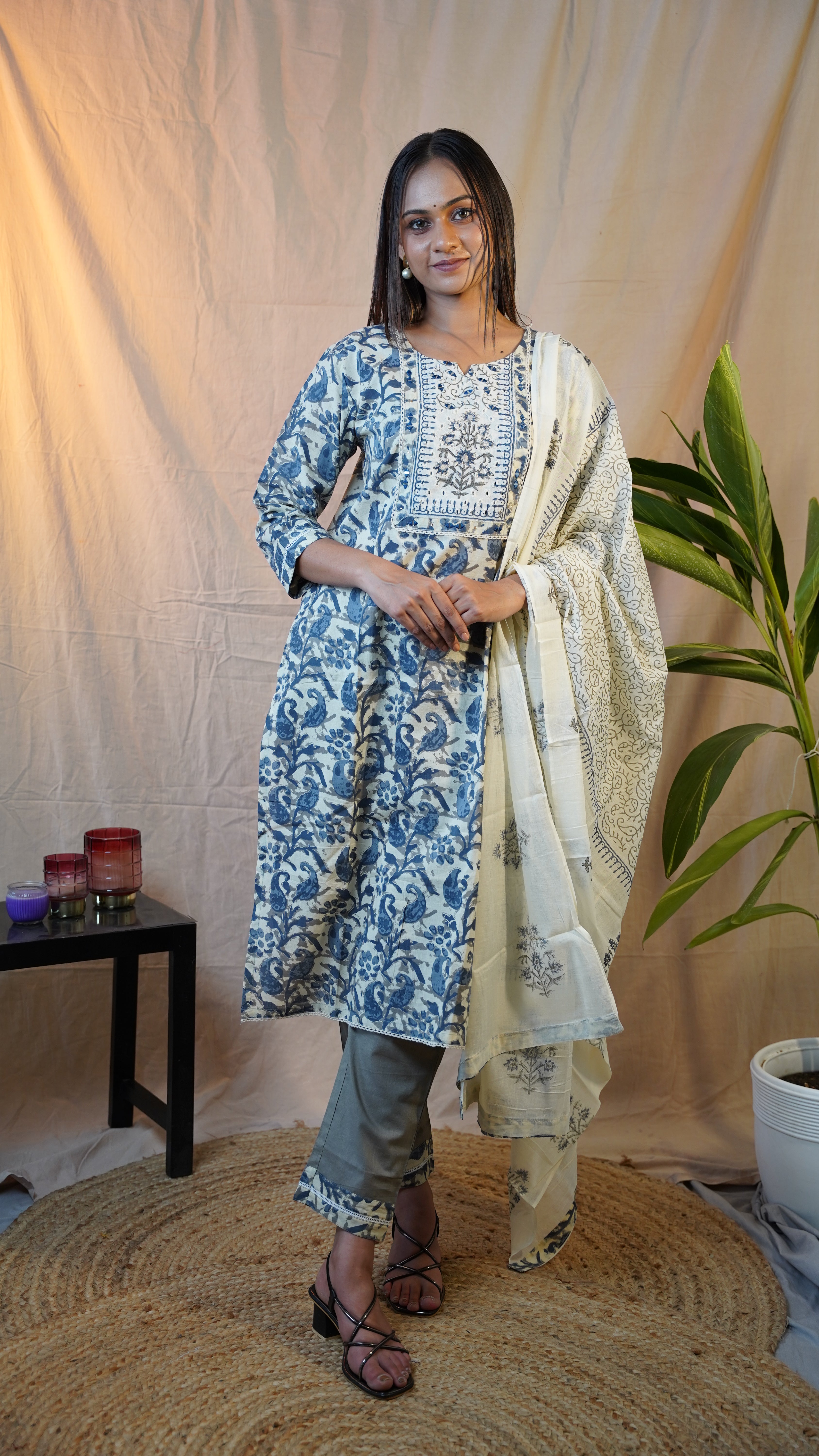 GREY KALAMKARI BLOCK PRINT SUIT SET