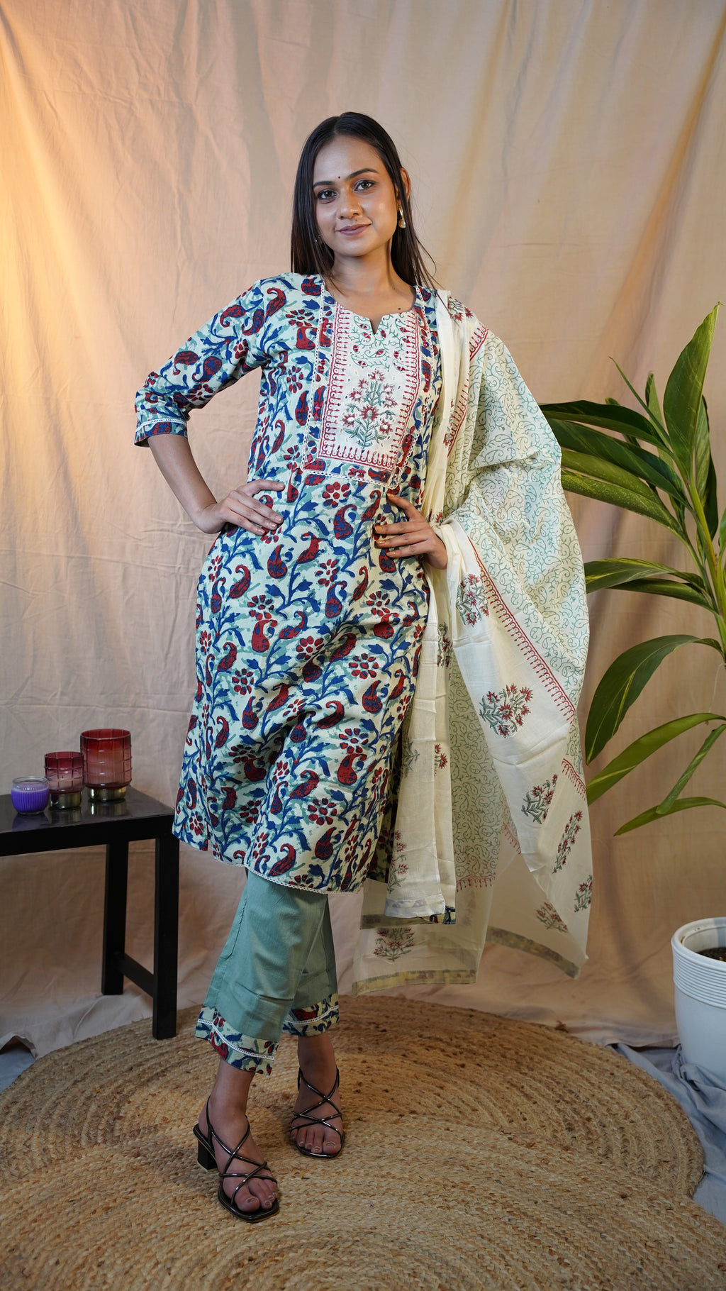 GREEN KALAMKARI BLOCK PRINT SUIT SET