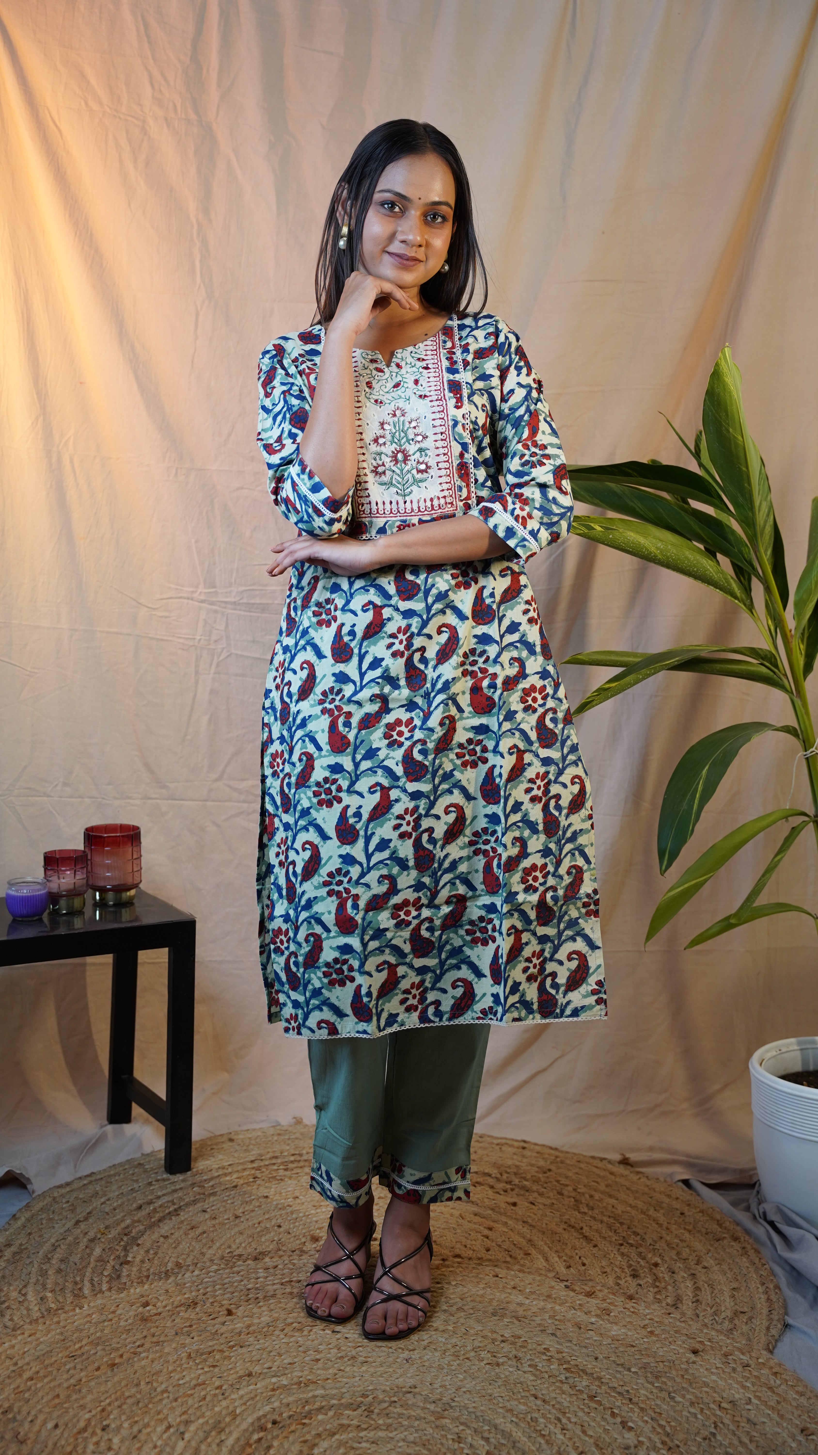 GREEN KALAMKARI BLOCK PRINT SUIT SET