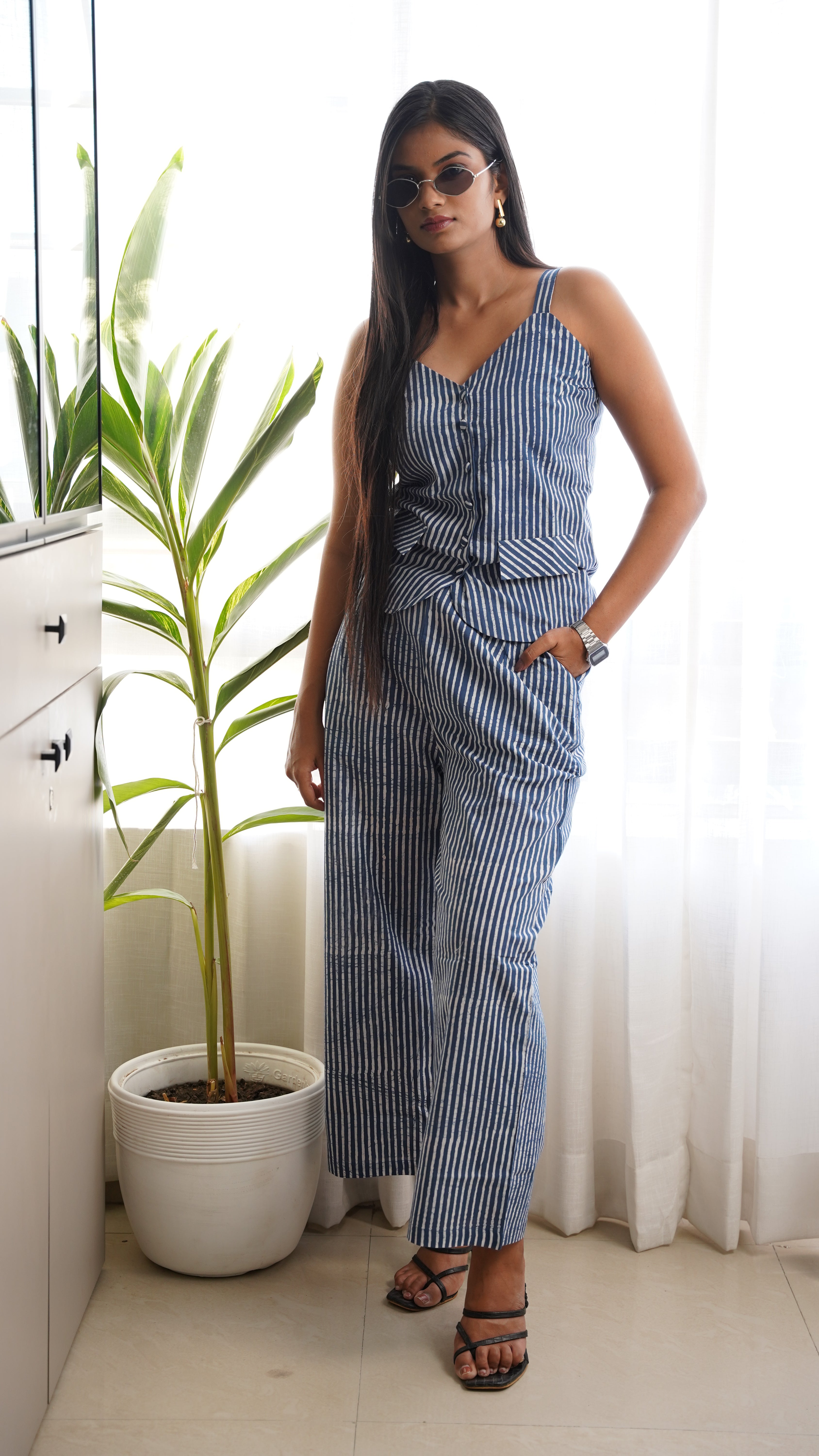 INDIGO  STRIPED VEST  BATIK PRINT CO-ORD SET
