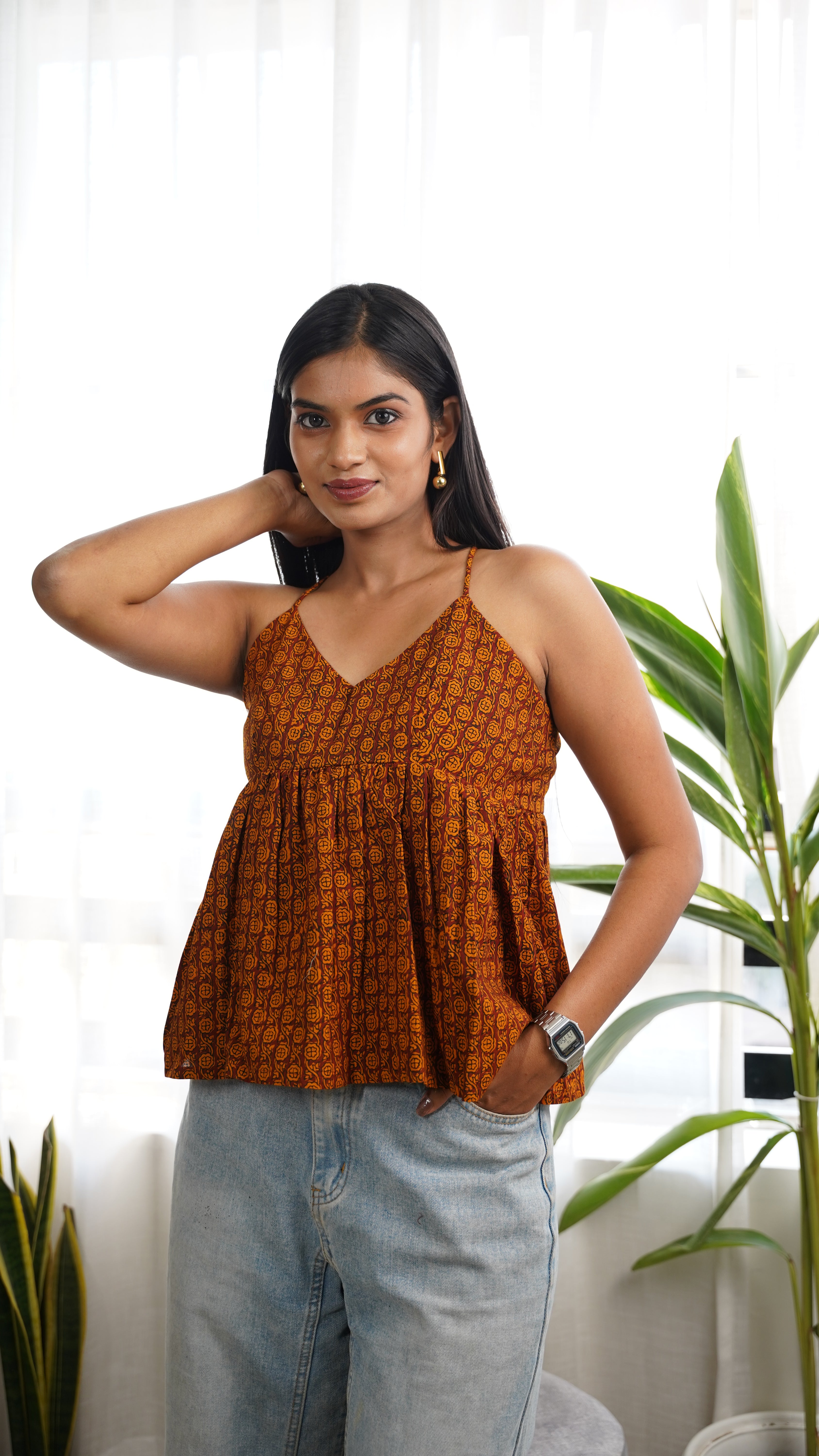 COFFE BROWN  YELLOW BAGH PRINT BRALETTE