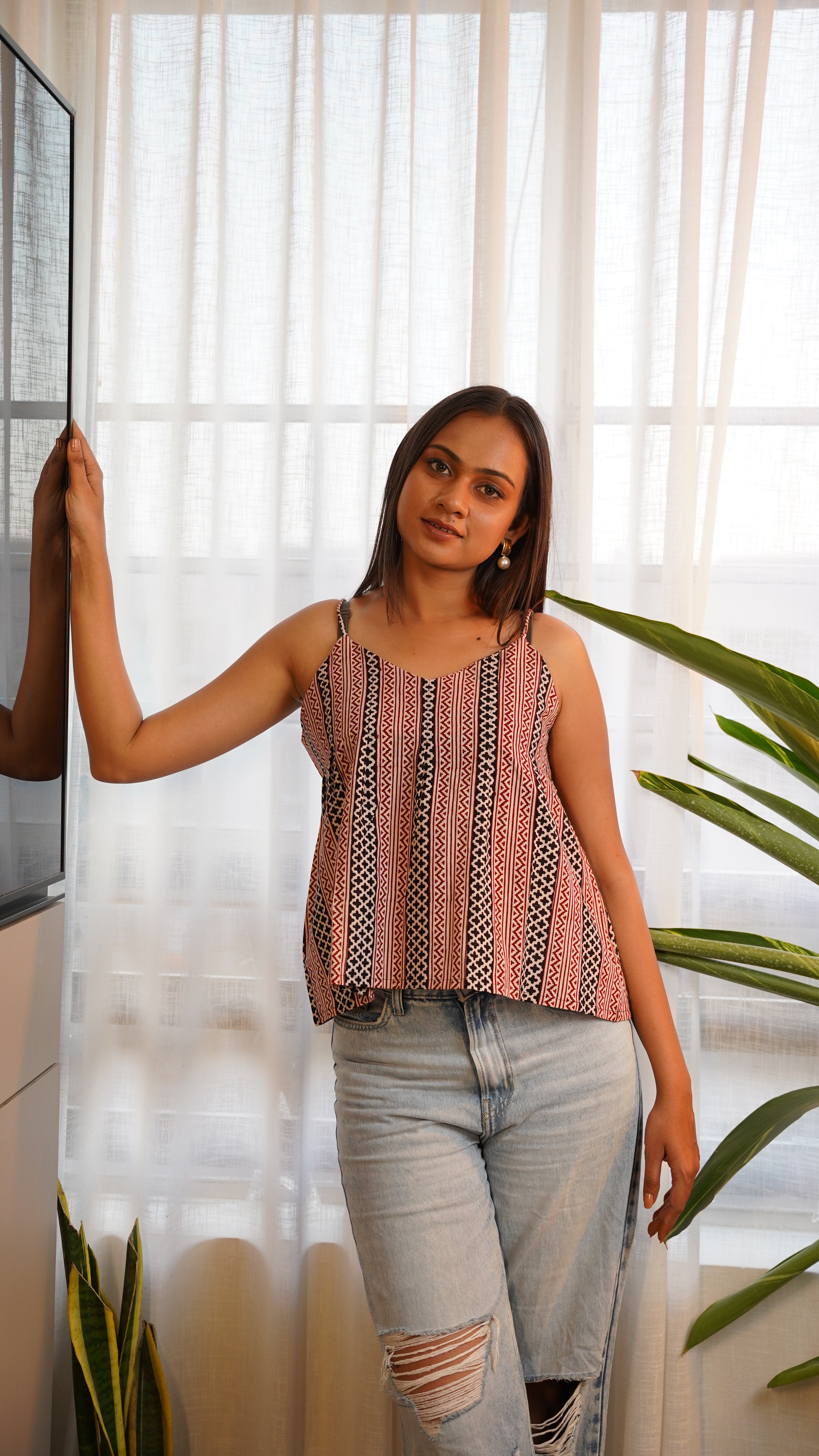 BLACK RED STRIPED BAGH PRINT TOP