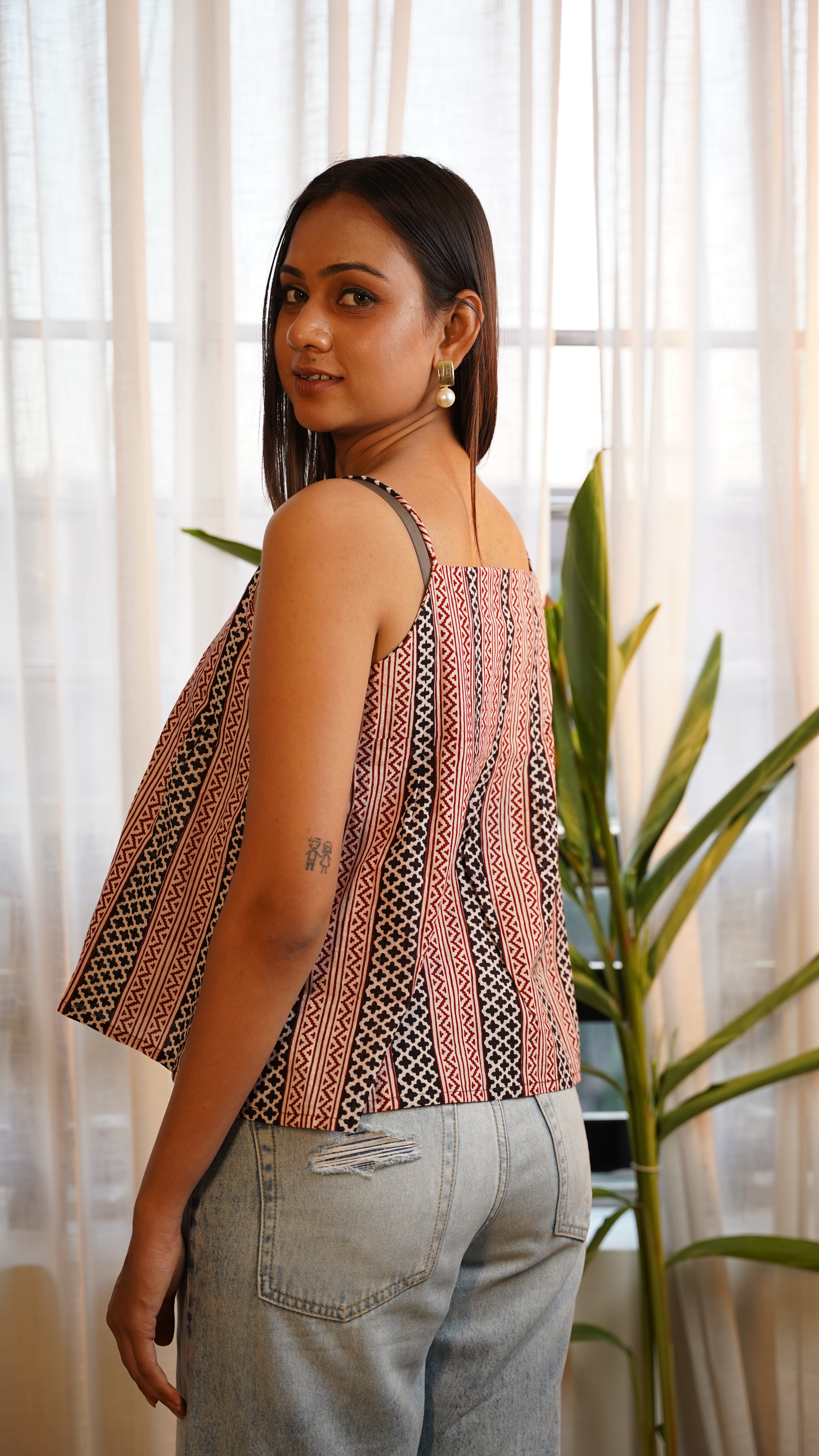 BLACK RED STRIPED BAGH PRINT TOP