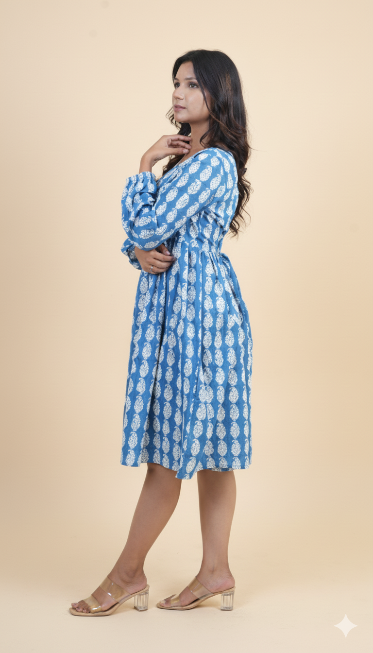 BLUE INDIGO PAISLEY PRINT DRESS