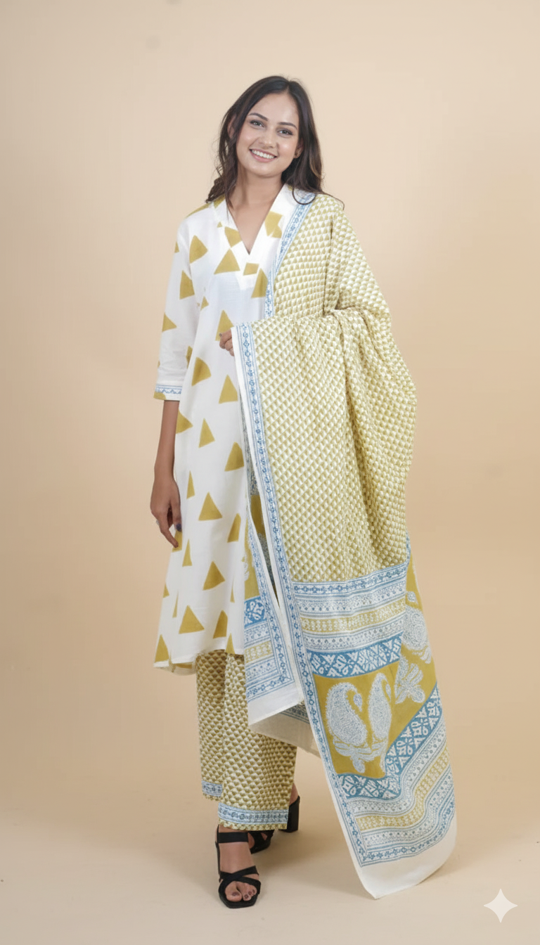 WHITE GREEN BAGH PRINT SUIT SET