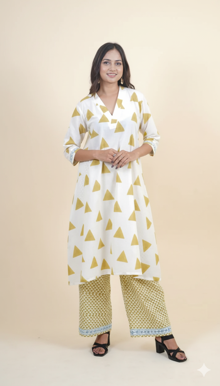 WHITE GREEN BAGH PRINT SUIT SET