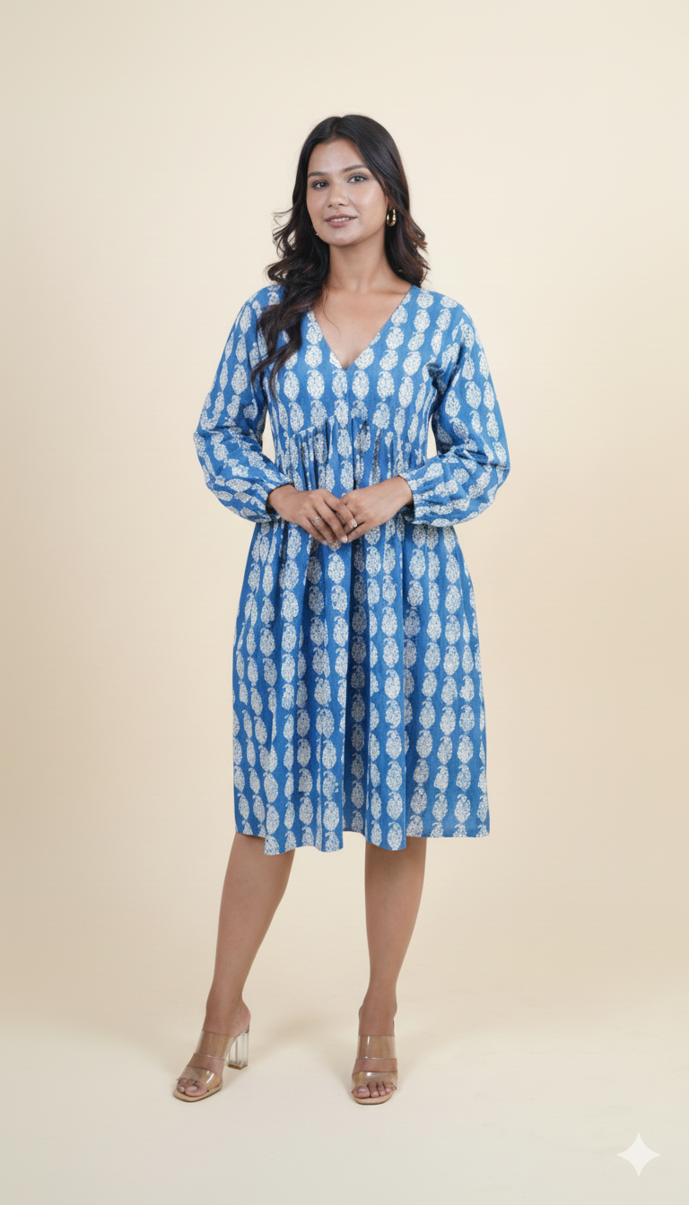 BLUE INDIGO PAISLEY PRINT DRESS