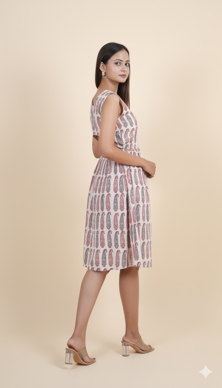 WHITE RED & BLACK BAGH PRINT DRESS