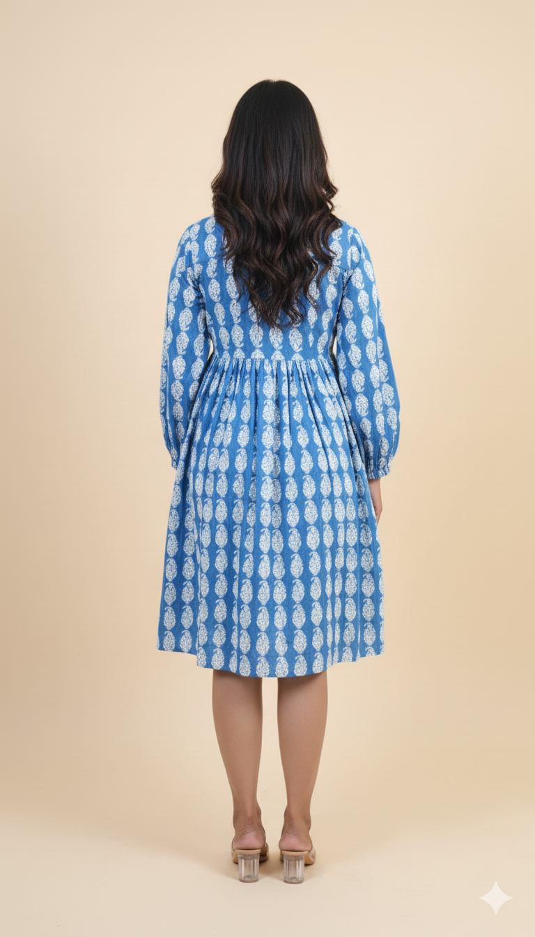 BLUE INDIGO PAISLEY PRINT DRESS