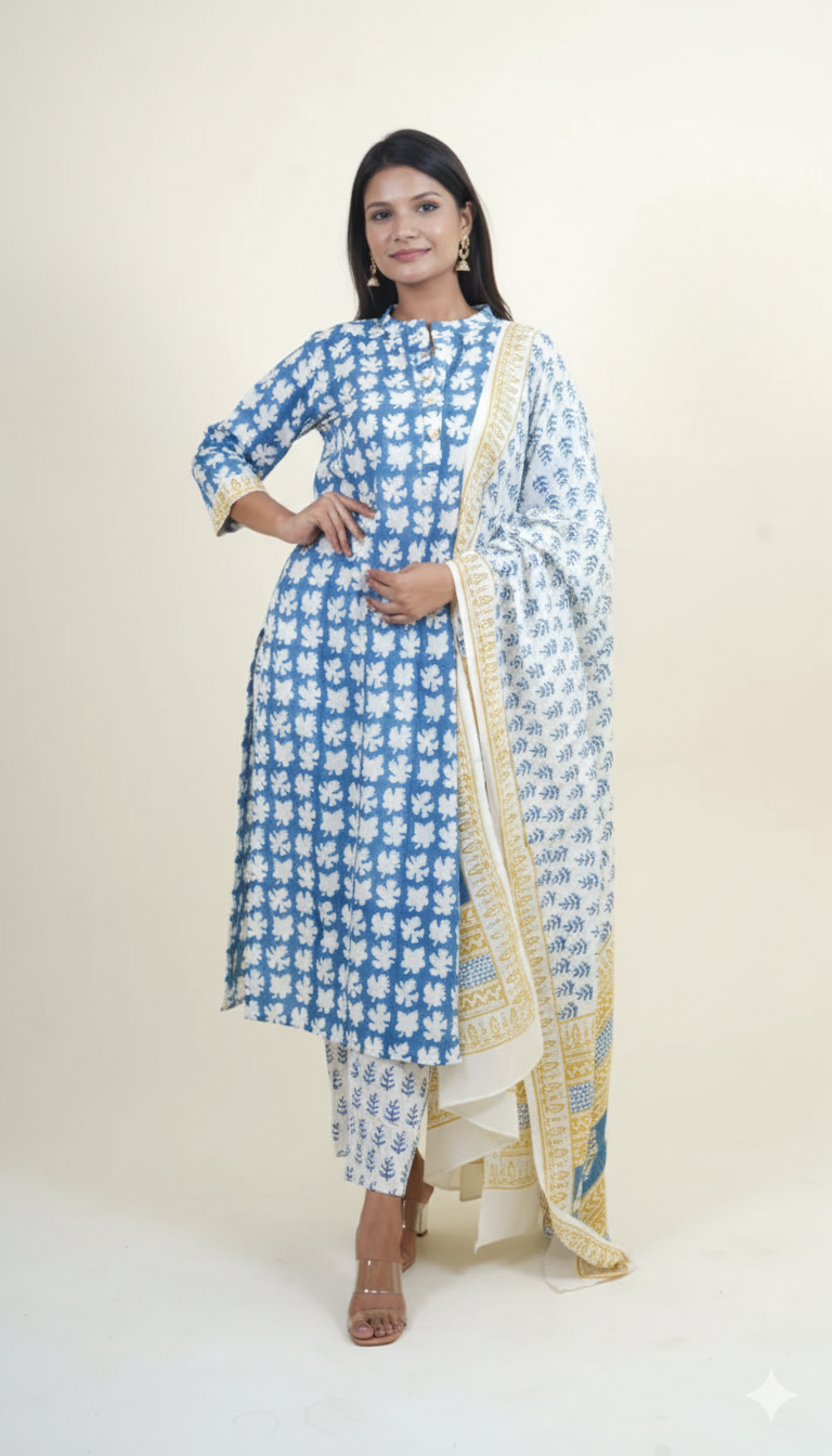 INDIGO YELLOW BAGH PRINT SUIT SET