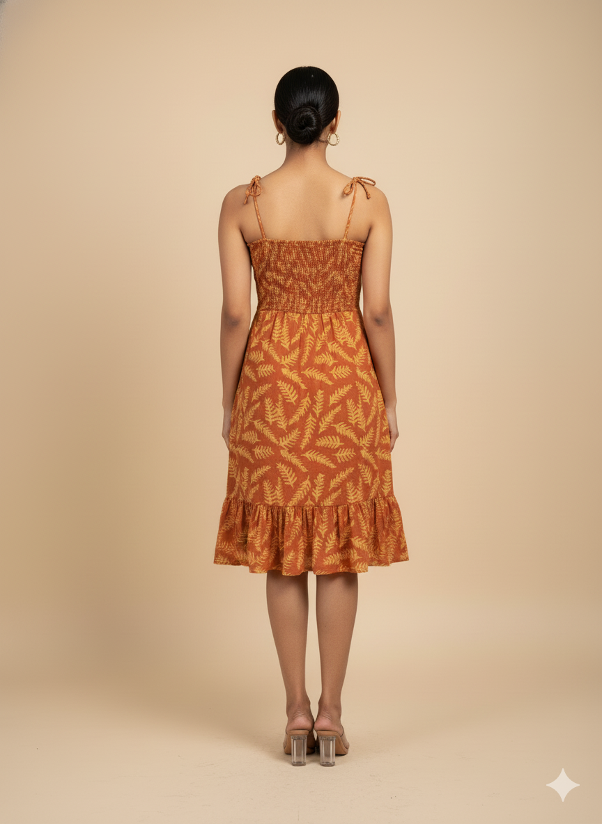 ORANGE YELLOW LEAF BATIK PRINT DRESS