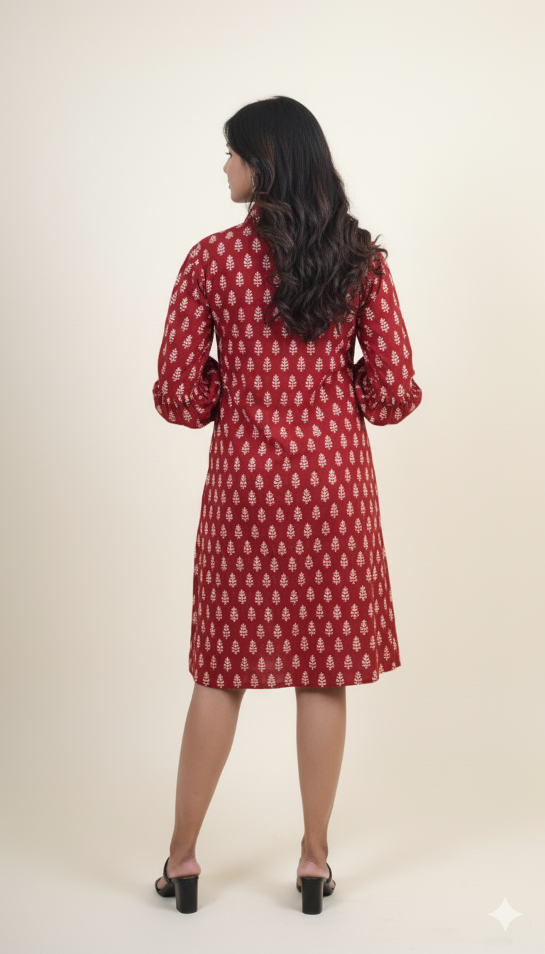 RED WHITE BAGH PRINT DRESS
