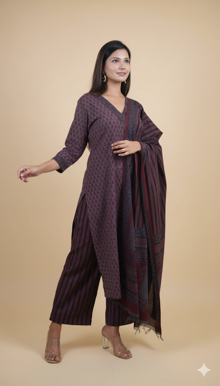 GREY CORAL RED BAGH PRINT SUIT SET