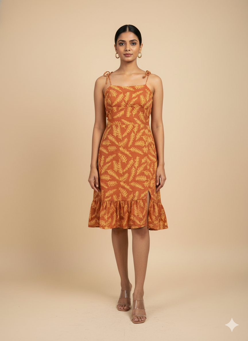 ORANGE YELLOW LEAF BATIK PRINT DRESS