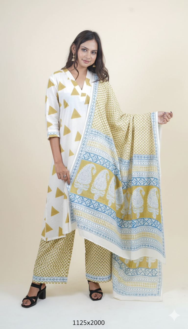 WHITE GREEN BAGH PRINT SUIT SET