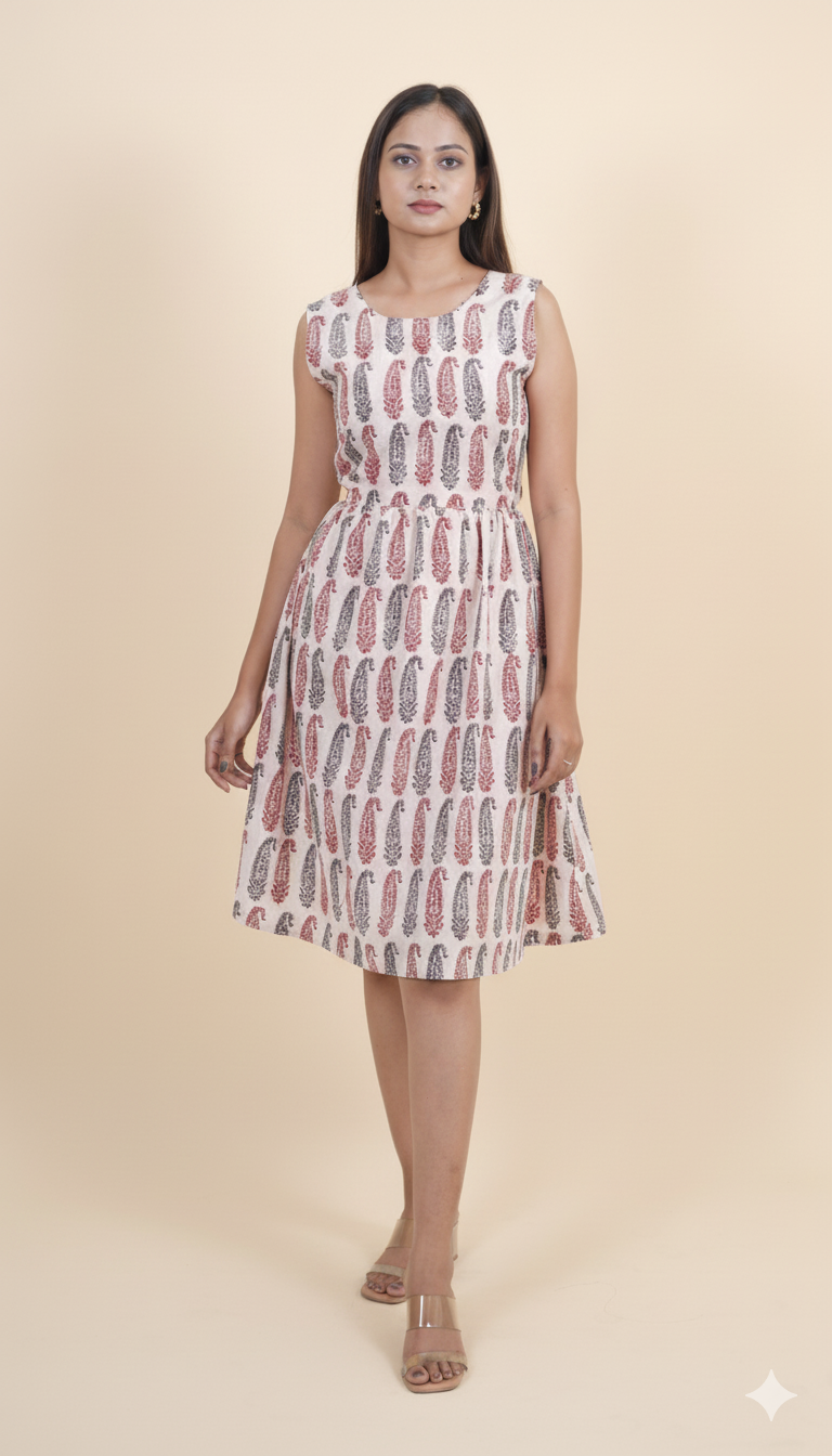 WHITE RED & BLACK BAGH PRINT DRESS