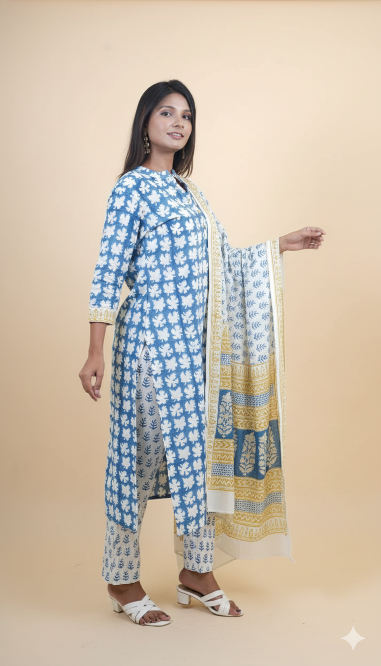 INDIGO YELLOW BAGH PRINT SUIT SET