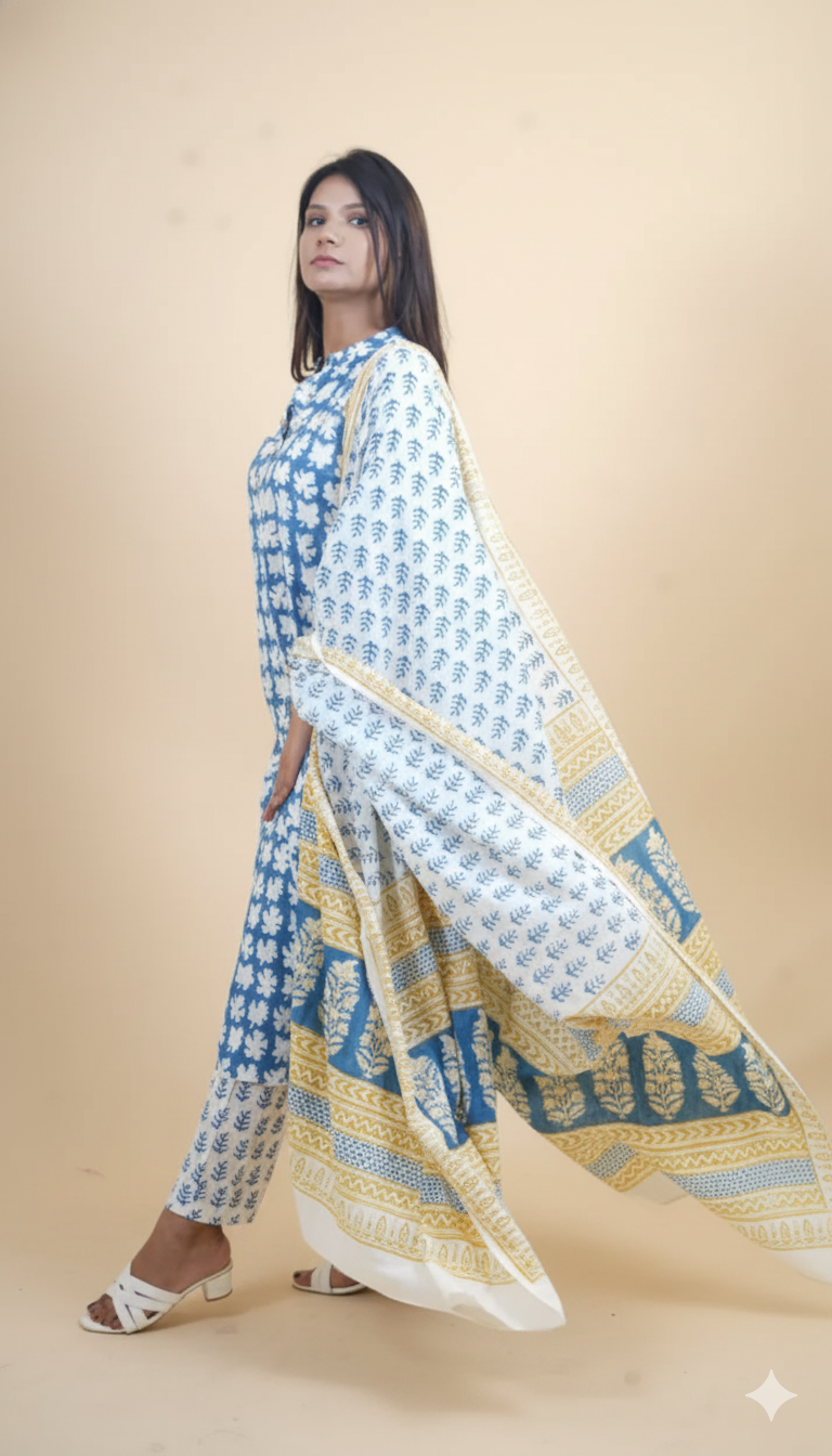 INDIGO YELLOW BAGH PRINT SUIT SET