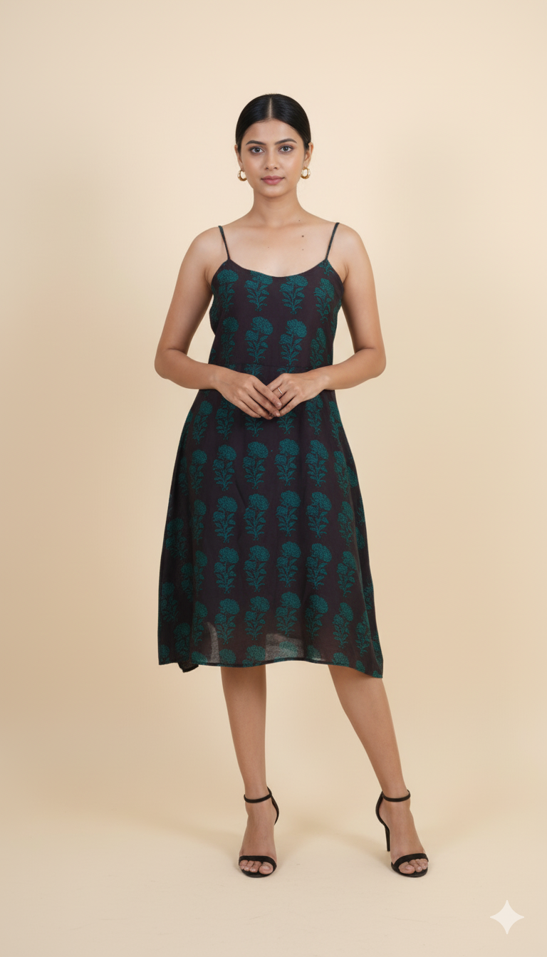 BLACK GREEN BAGH PRINT DRESS