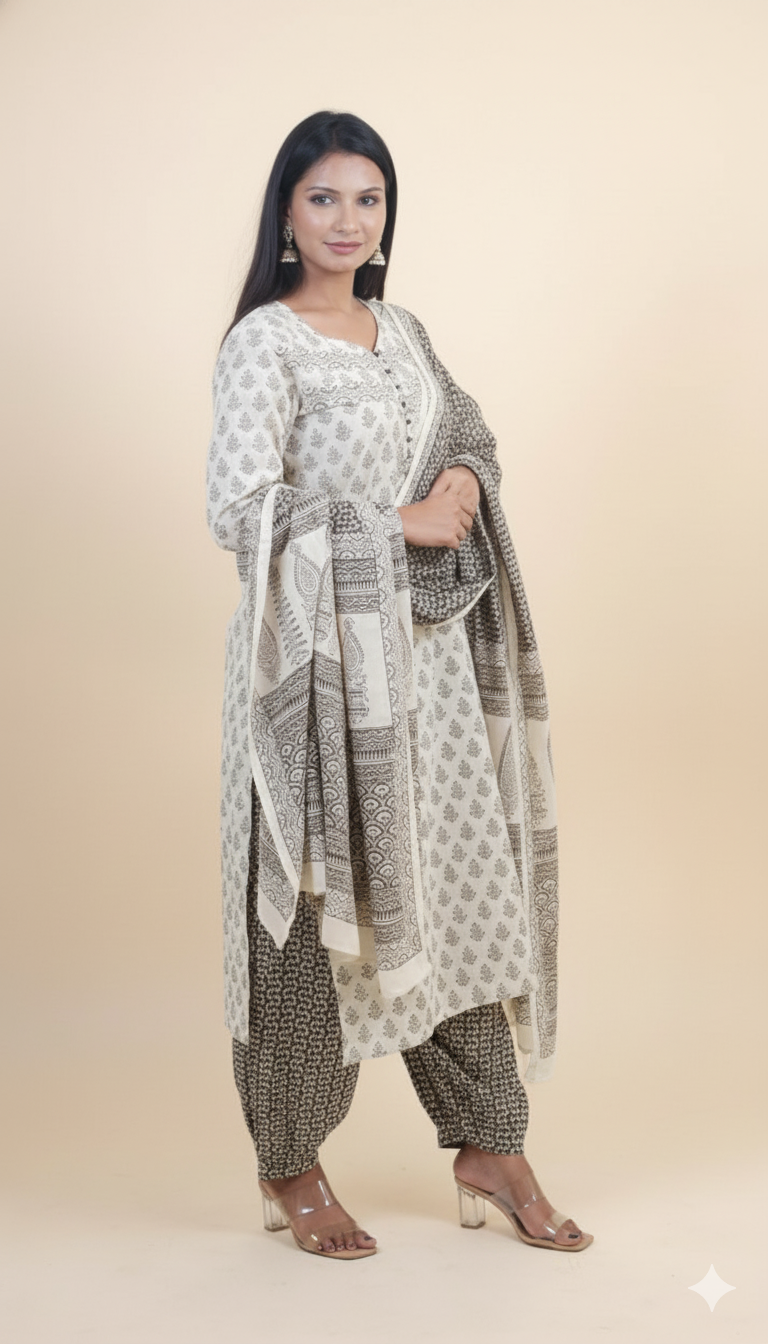 BEIGE BROWN  BAGH PRINT SUIT SET