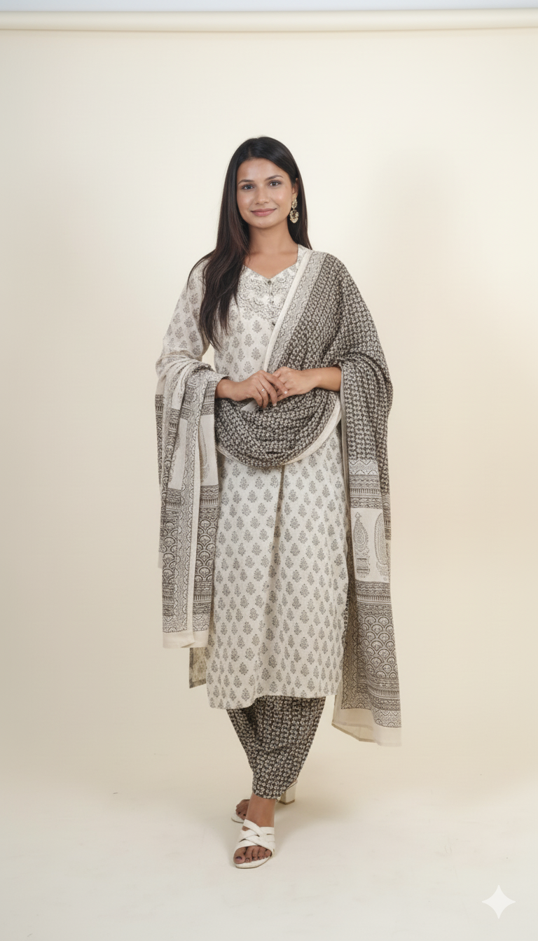 BEIGE BROWN  BAGH PRINT SUIT SET