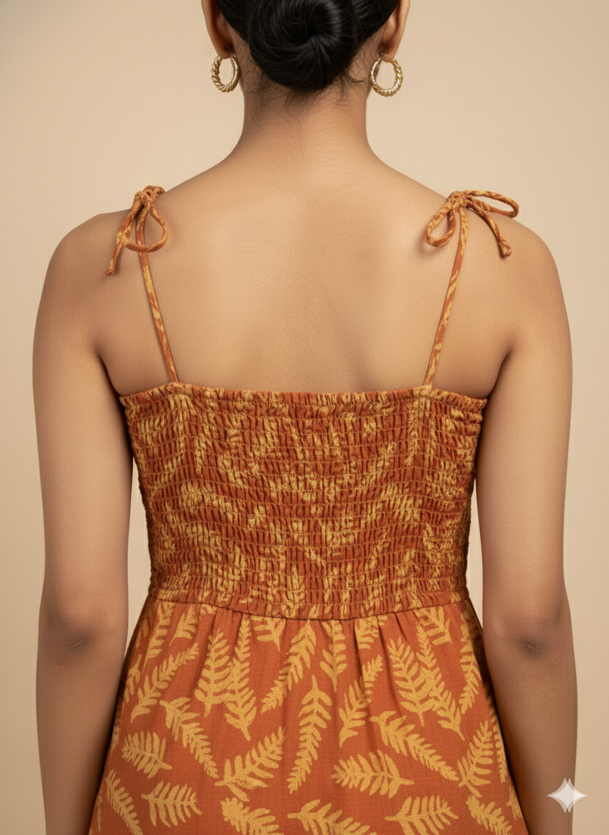 ORANGE YELLOW LEAF BATIK PRINT DRESS