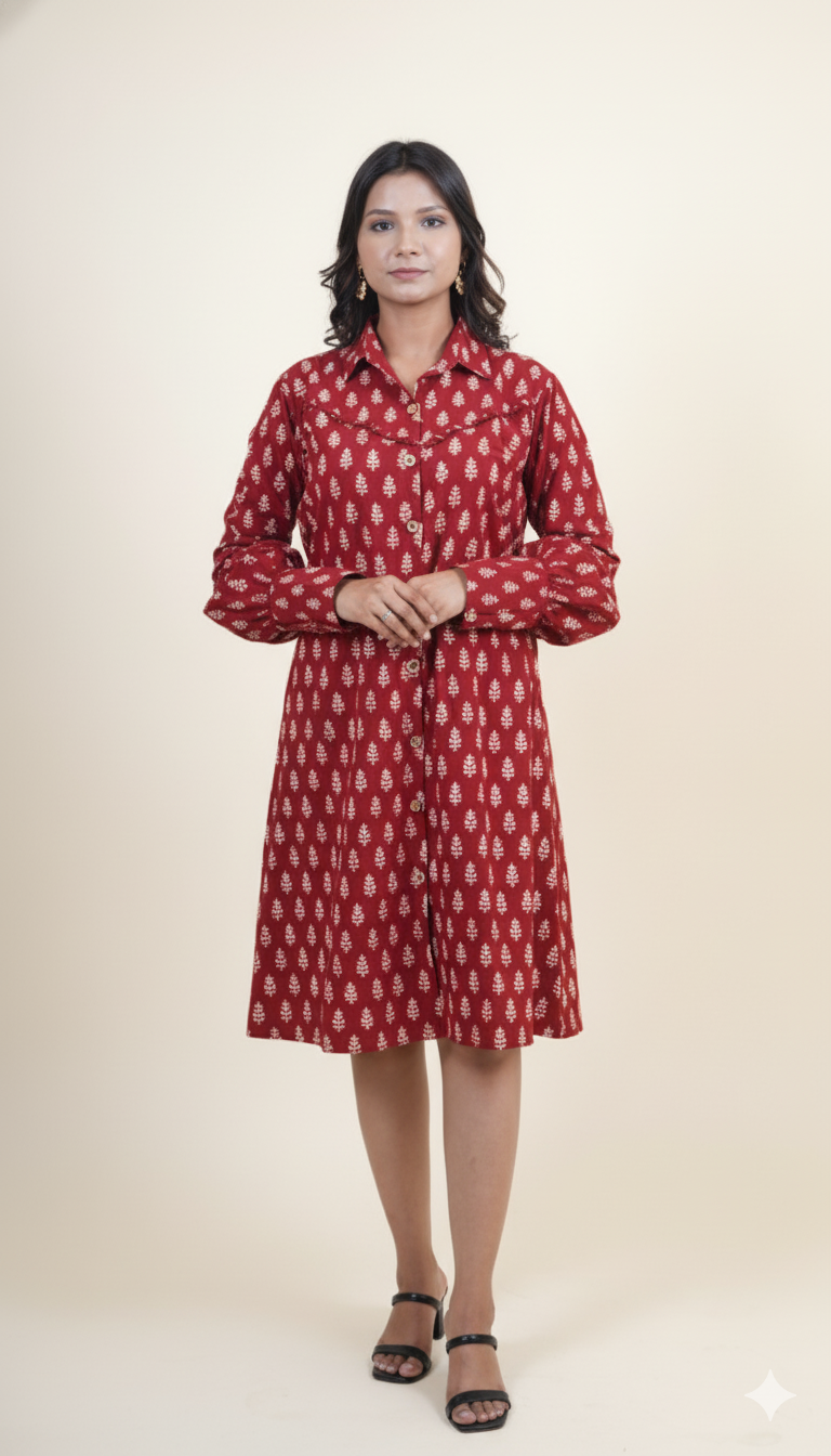 RED WHITE BAGH PRINT DRESS