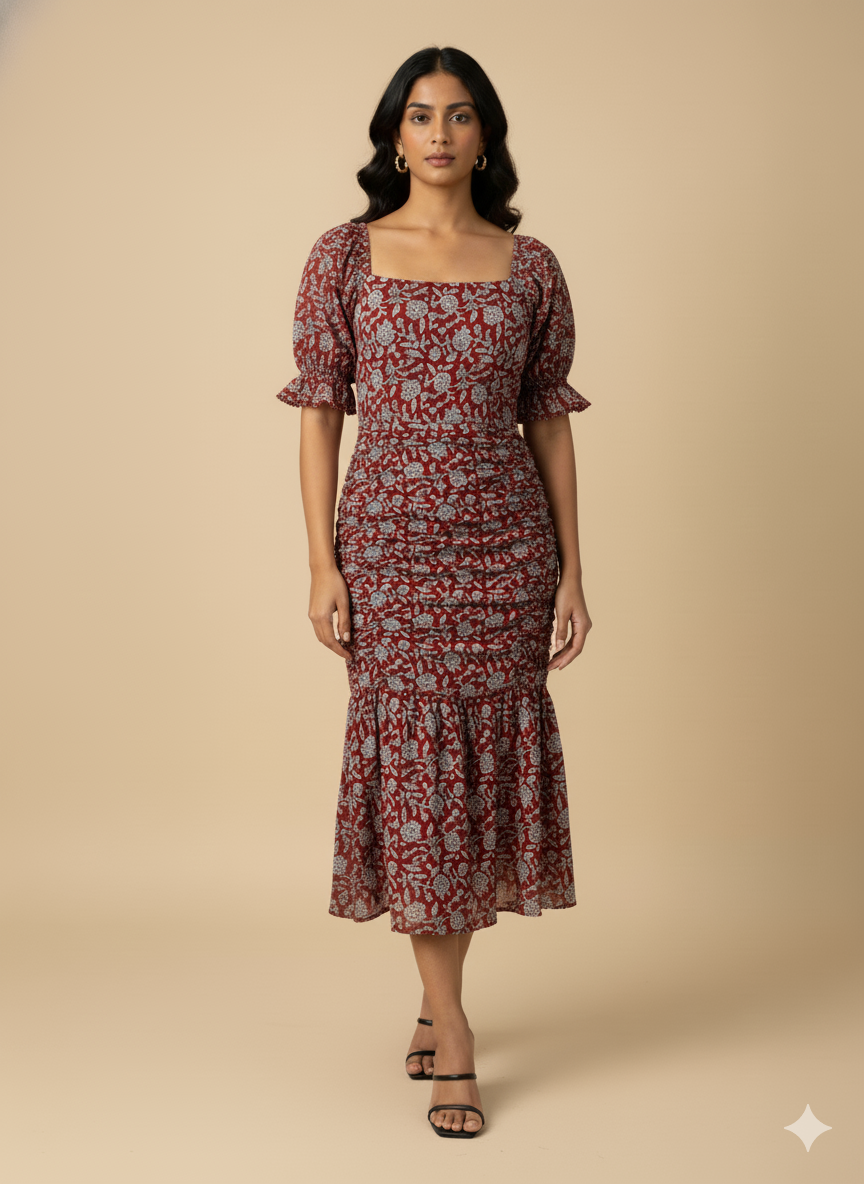 MAROON BAGH PRINT DRESS