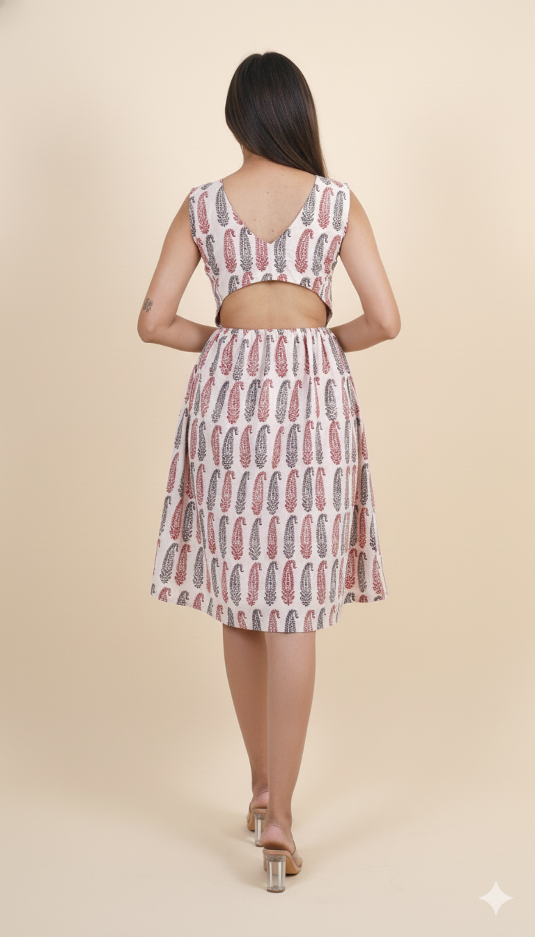 WHITE RED & BLACK BAGH PRINT DRESS