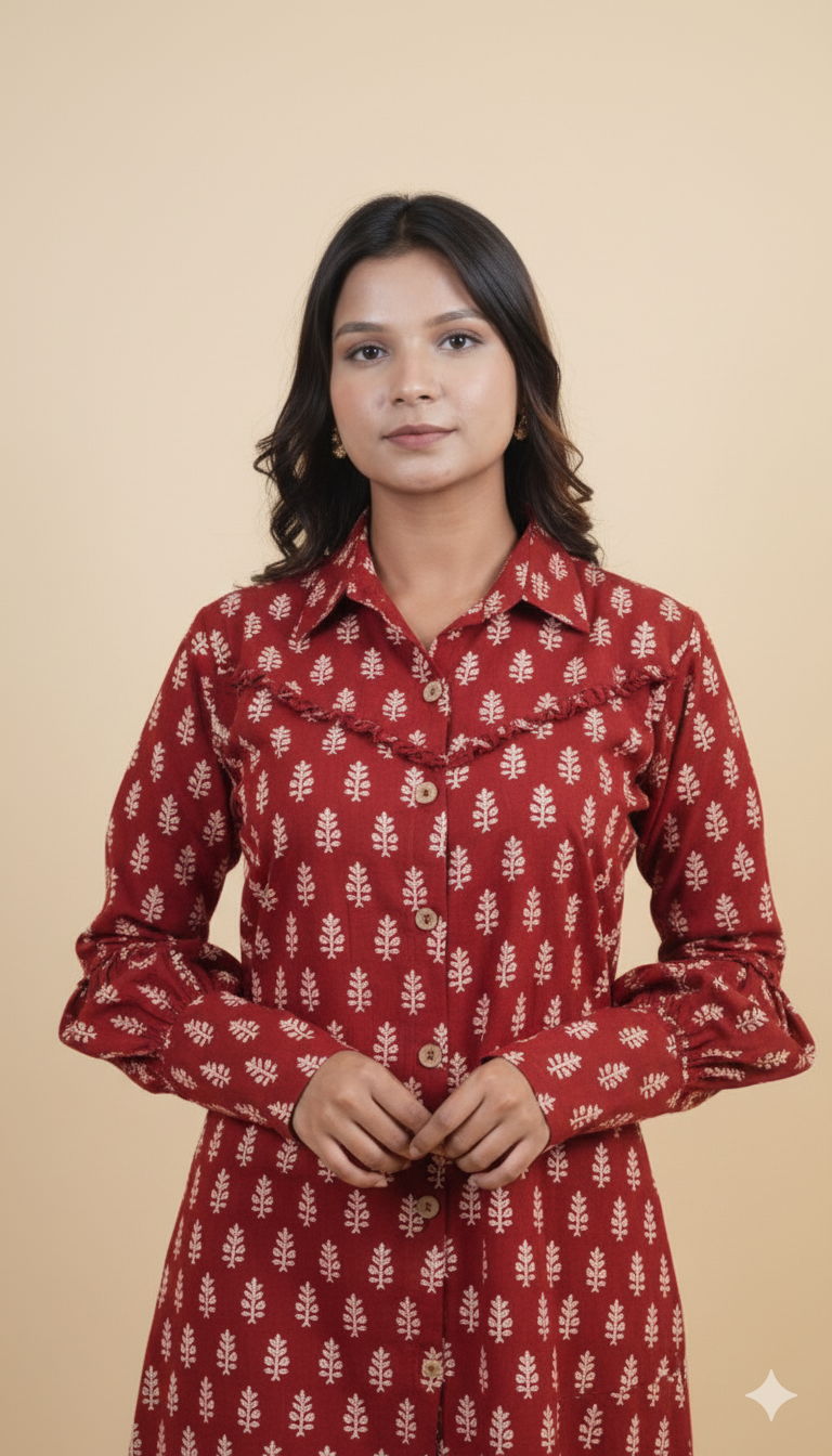 RED WHITE BAGH PRINT DRESS