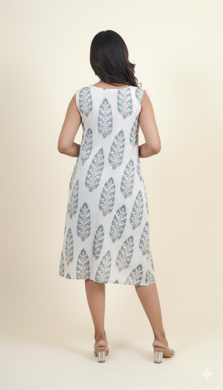 BEIGE INDIGO BAGH PRINT DRESS WITH BLUE CROPTOP