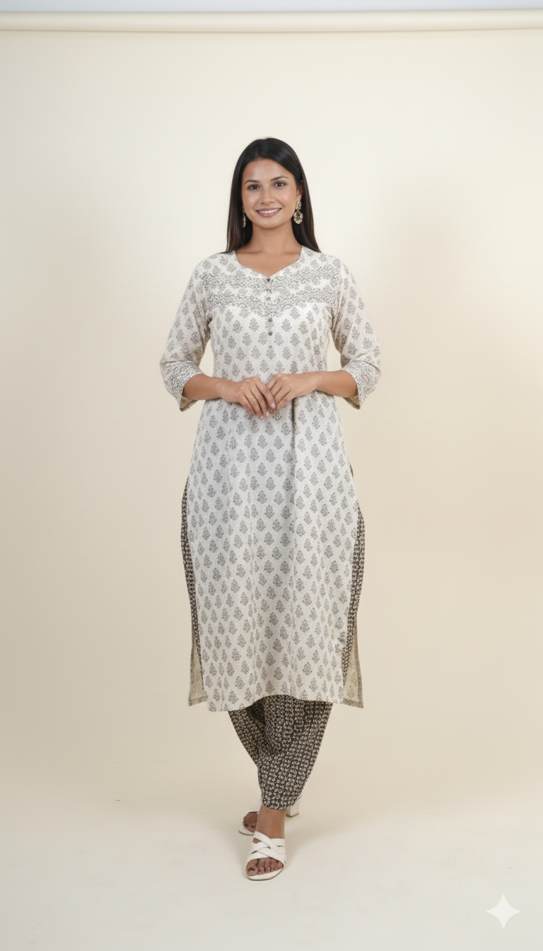 BEIGE BROWN  BAGH PRINT SUIT SET