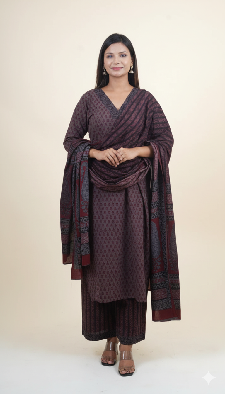 GREY CORAL RED BAGH PRINT SUIT SET