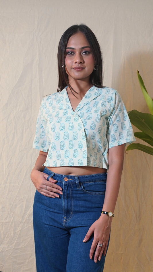 PEARL WHITE INDIGO PRINT  BACKLESS CROP TOP
