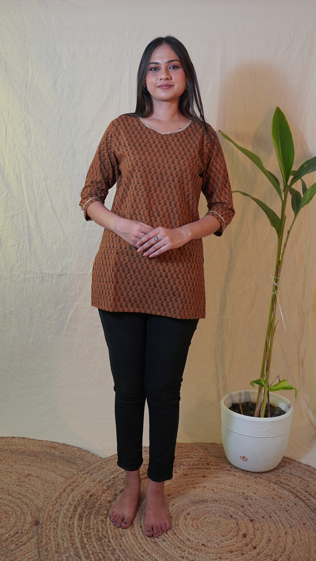 COFFEE BROWN BAGH PRINT SHORT KURTI