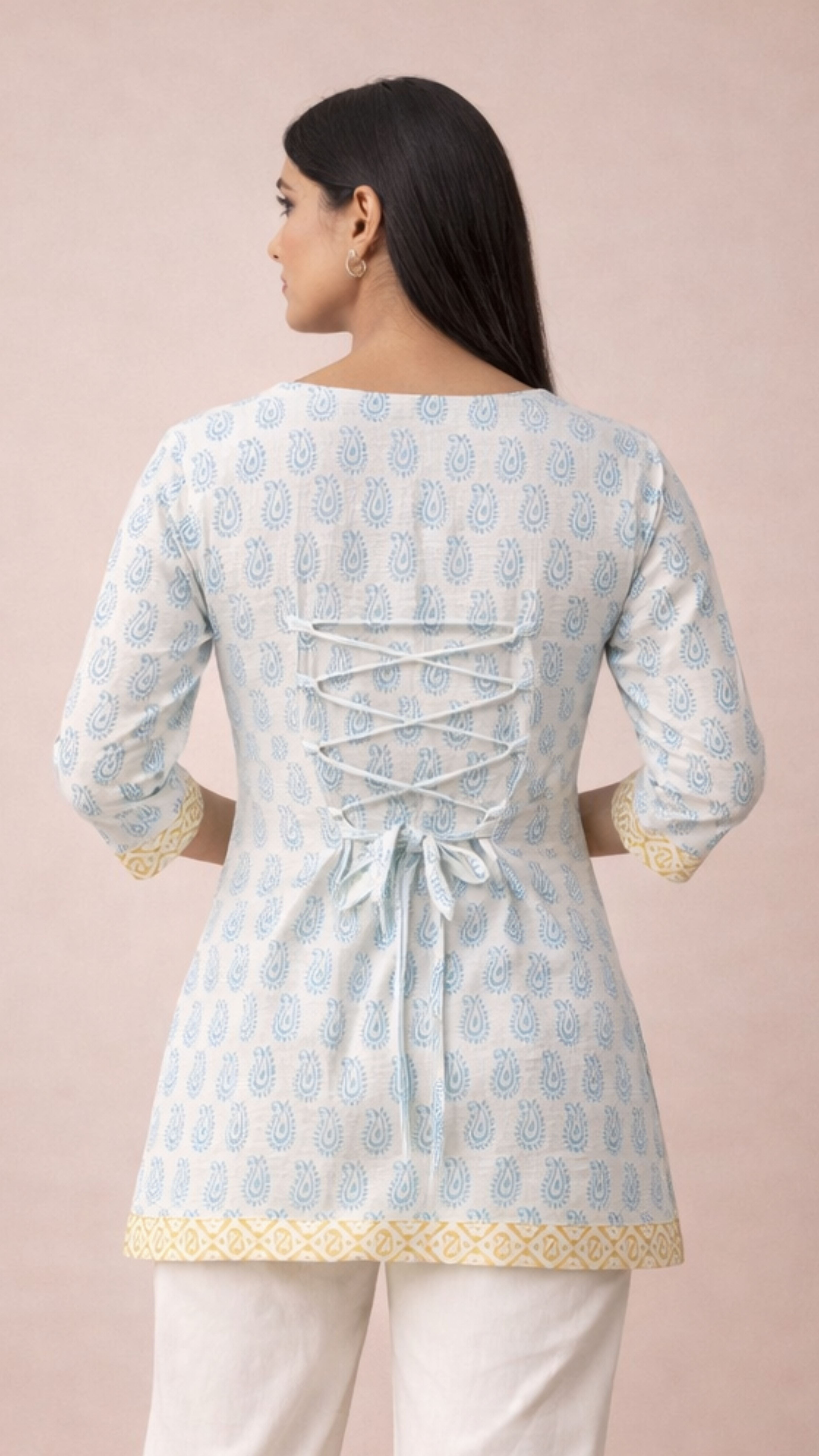 WHITE INDIGO BAGH PRINT SHORT KURTI