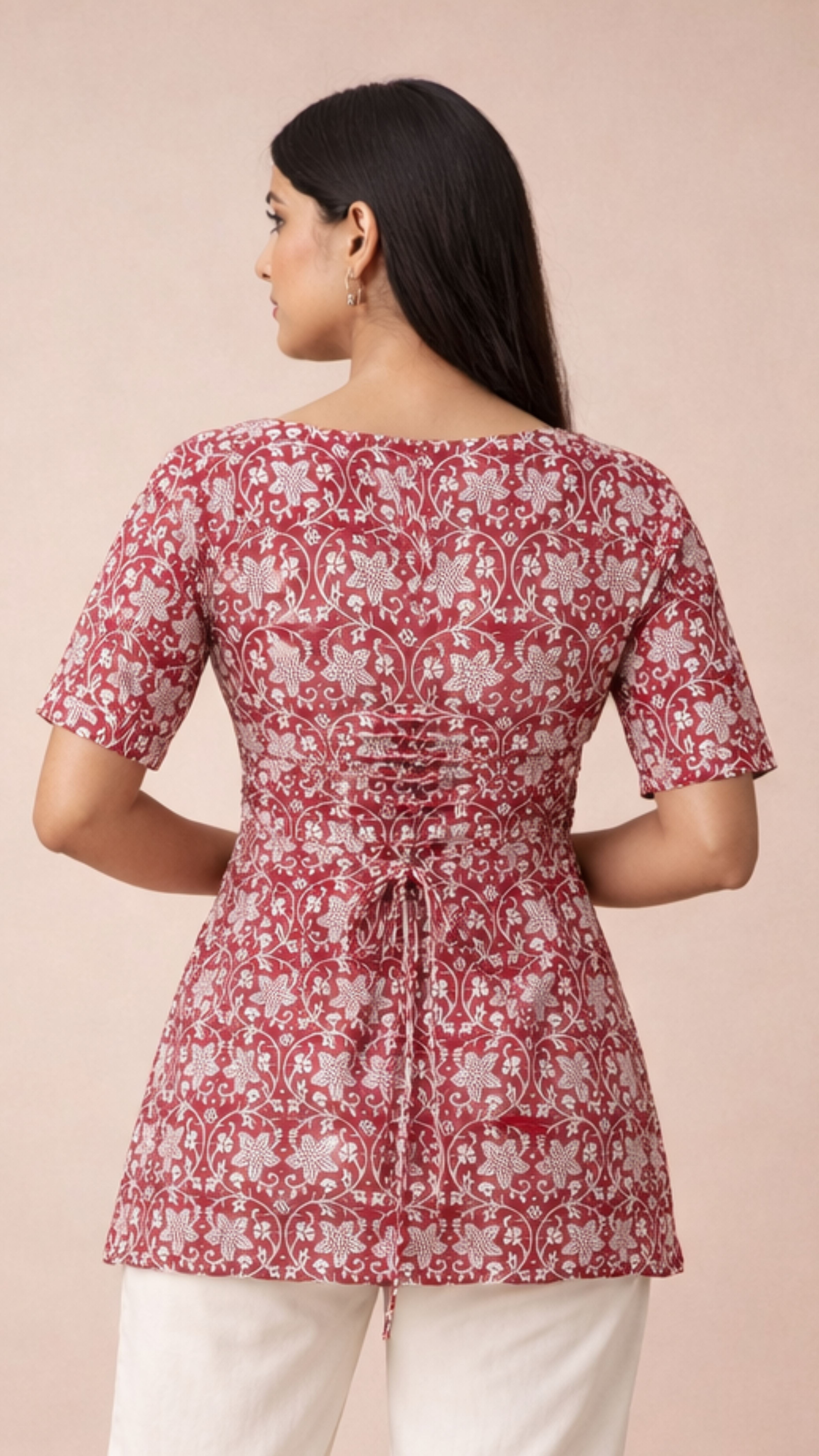 RED WHITE BATIK PRINT SHORT KURTI